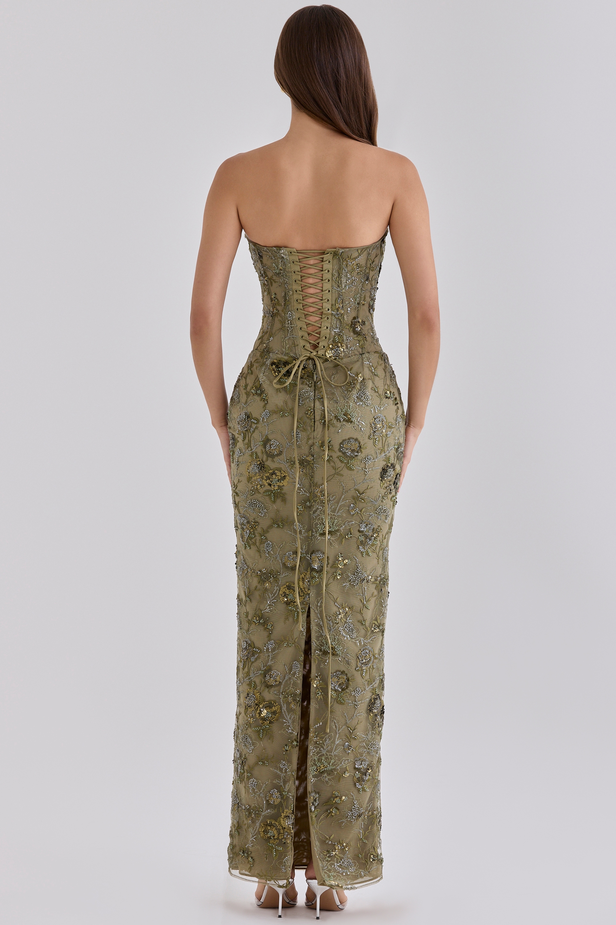 Olive Hand Beaded Embellished Strapless Maxi Dress - Limited Edition
