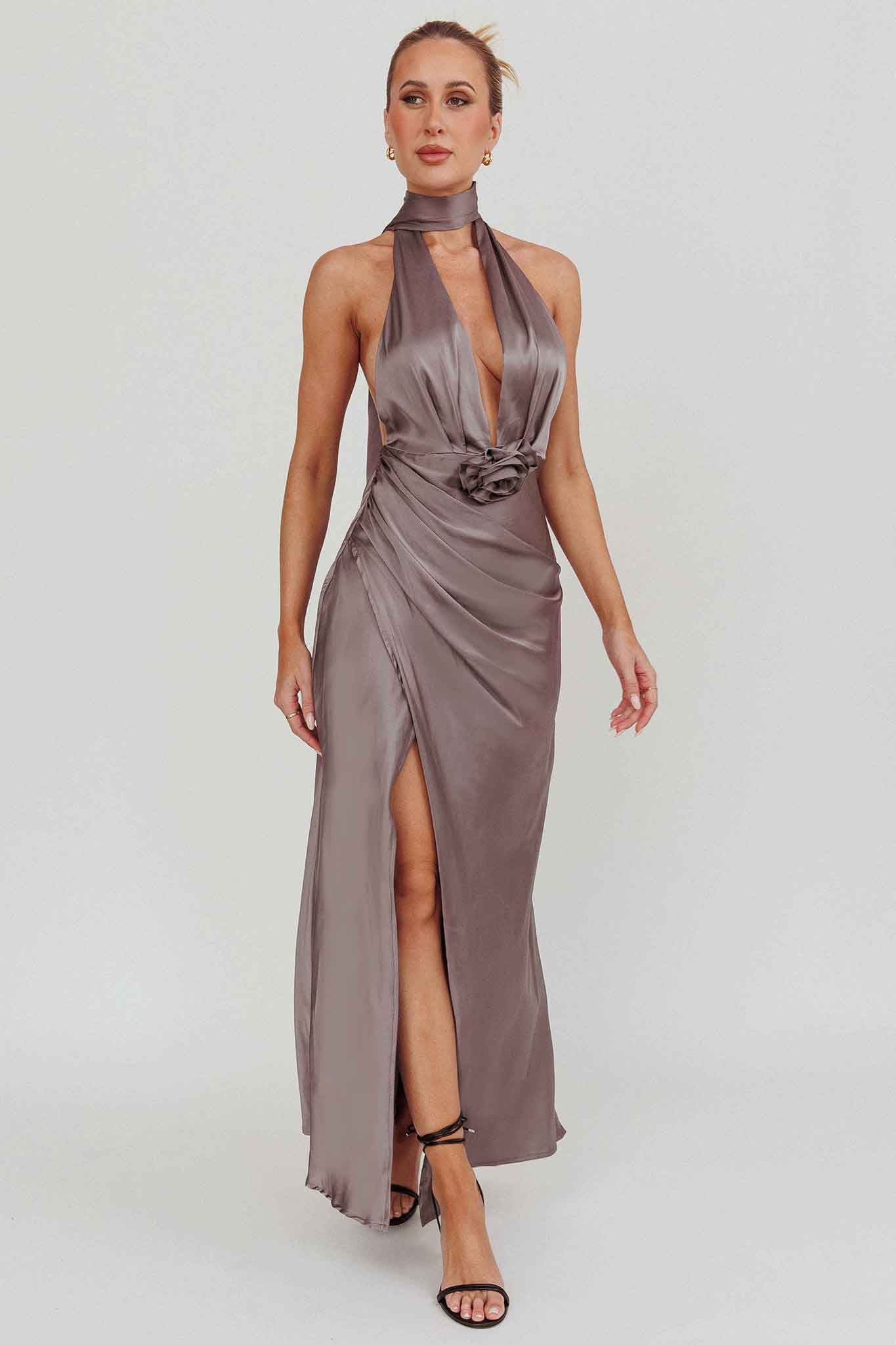 Italia Azure Halterneck Rosette Maxi Dress Grey - luluinthesky