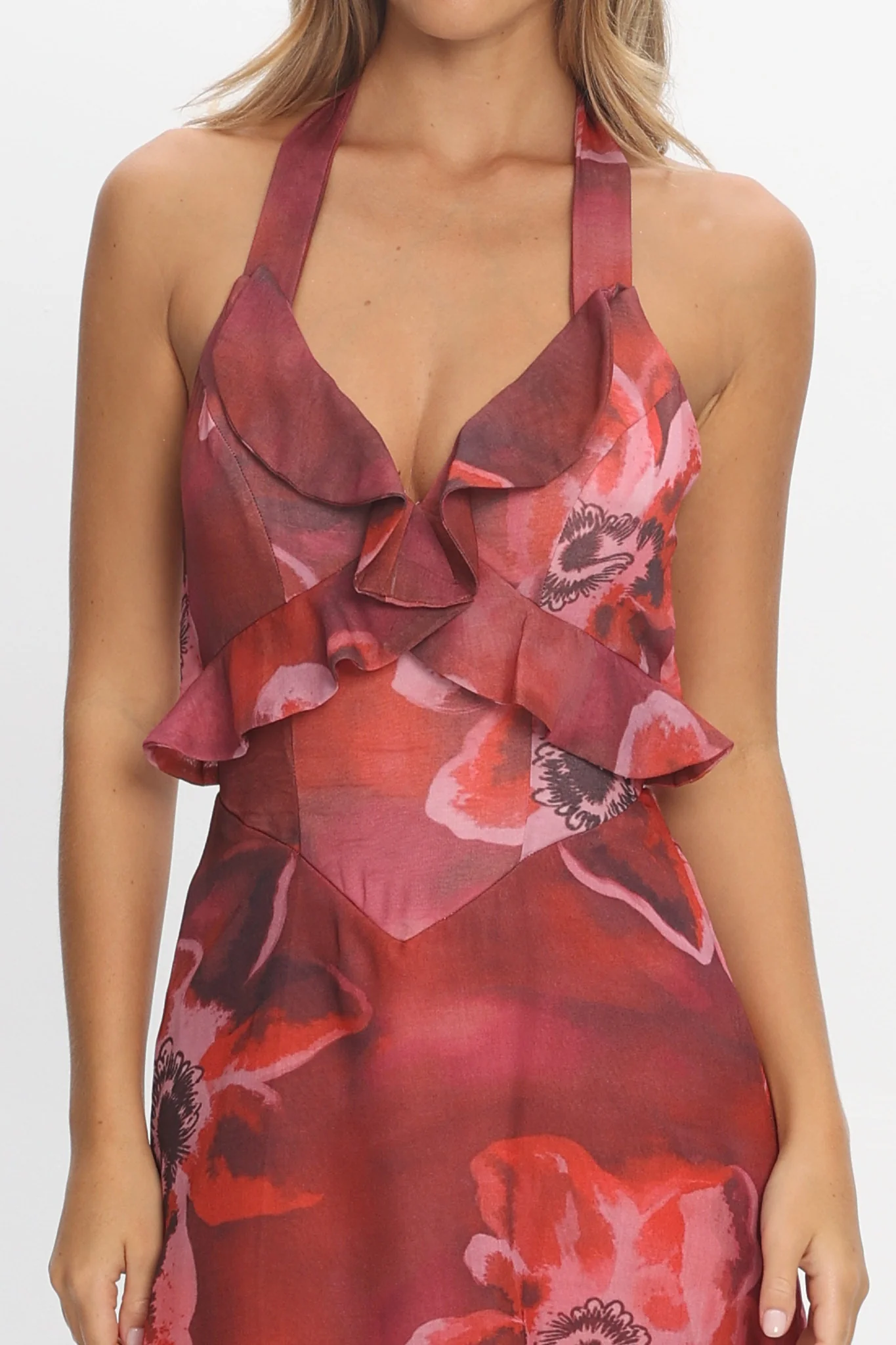 First Dates Frill Trim Maxi Dress Print Red - luluinthesky