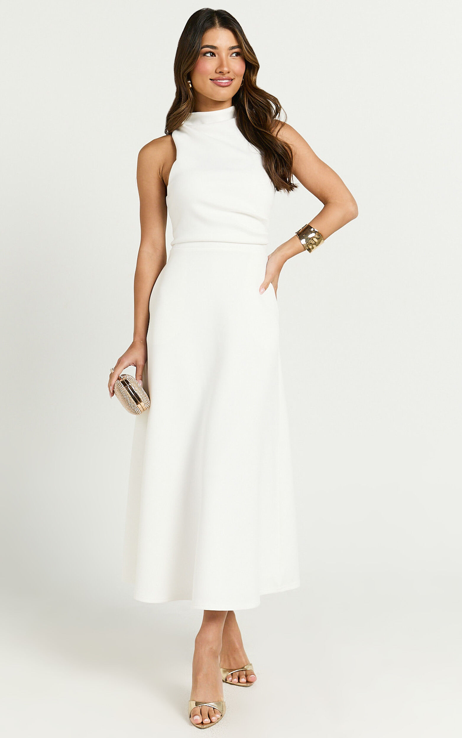 Macy Midi Dress - High Neck A Line Dress in Off White