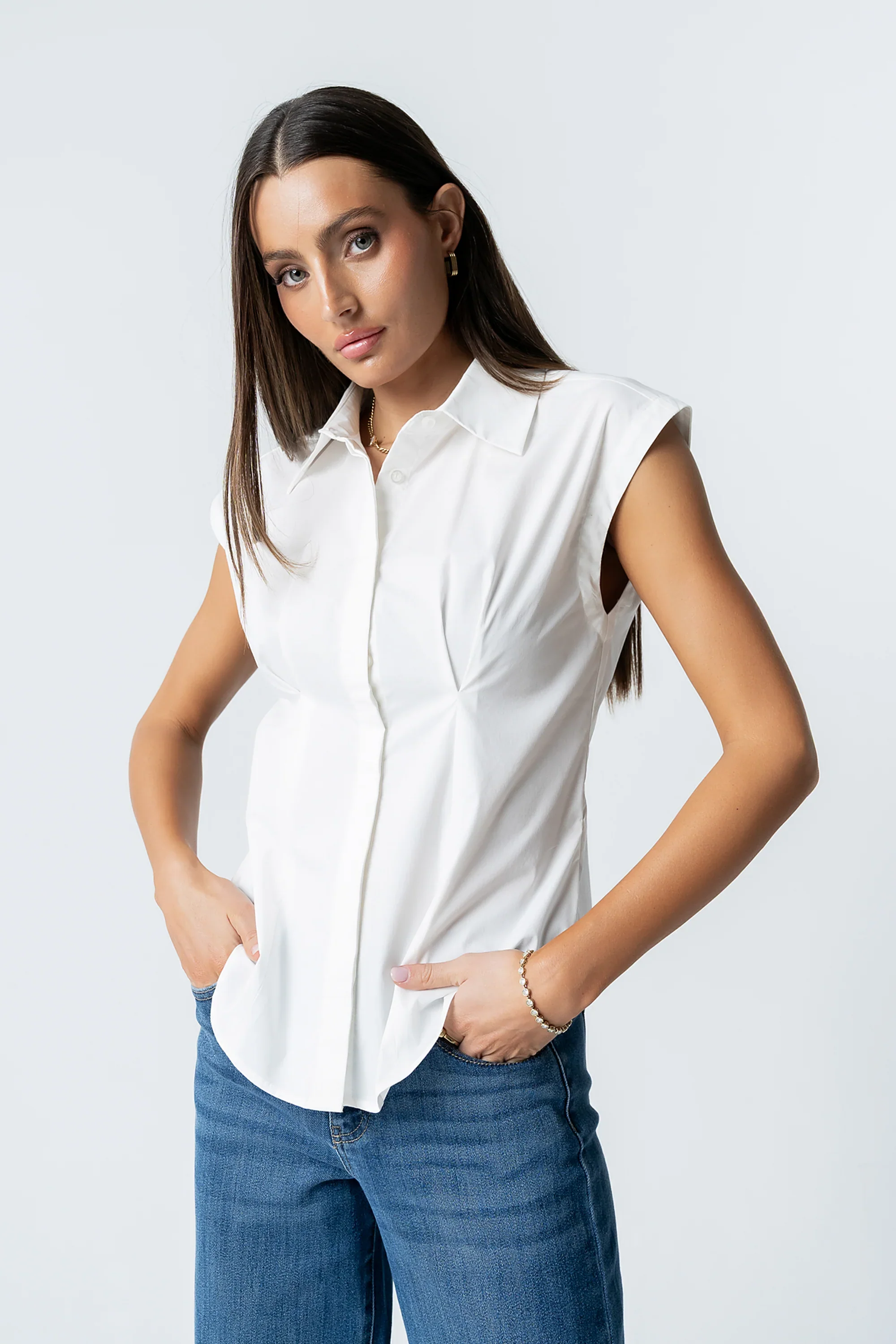 Remi Pleated Button Up in White