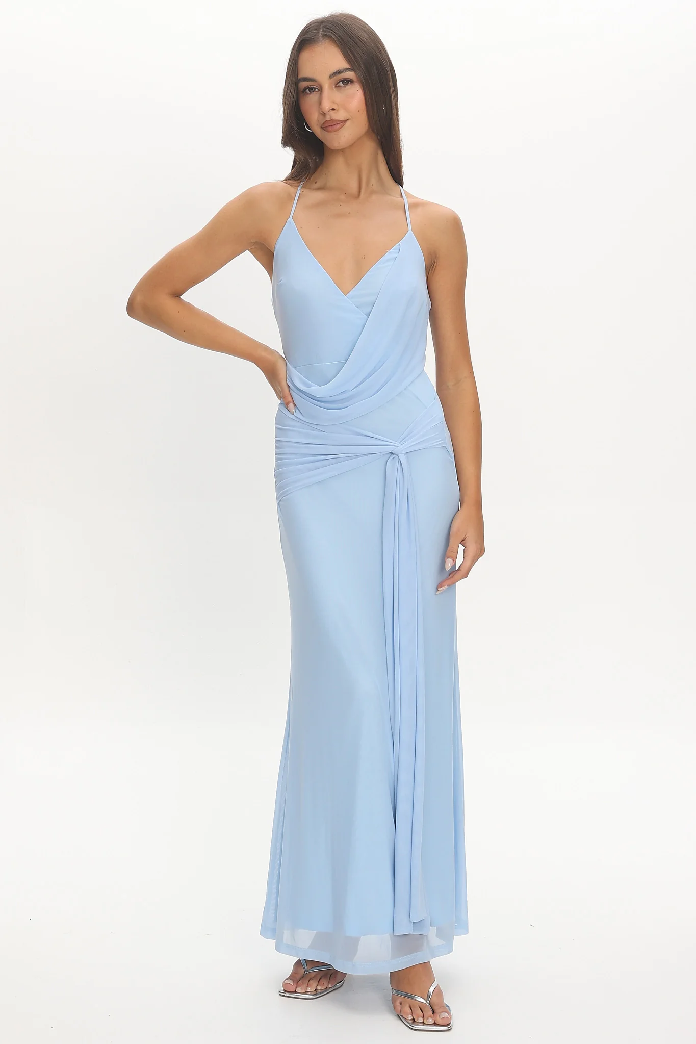 Poseidon Draped Sash Maxi Dress Light Blue