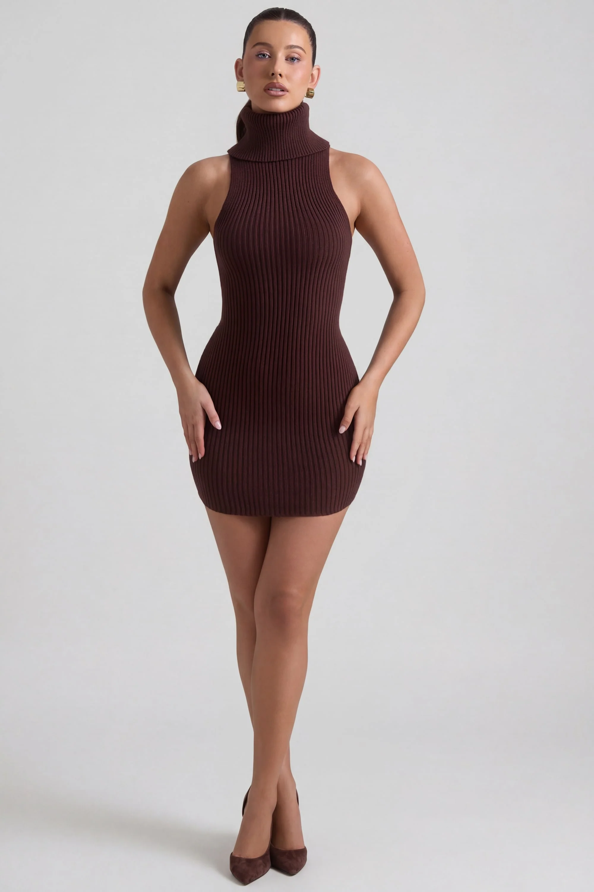Ribbed-Knit Turtleneck Mini Dress in Espresso