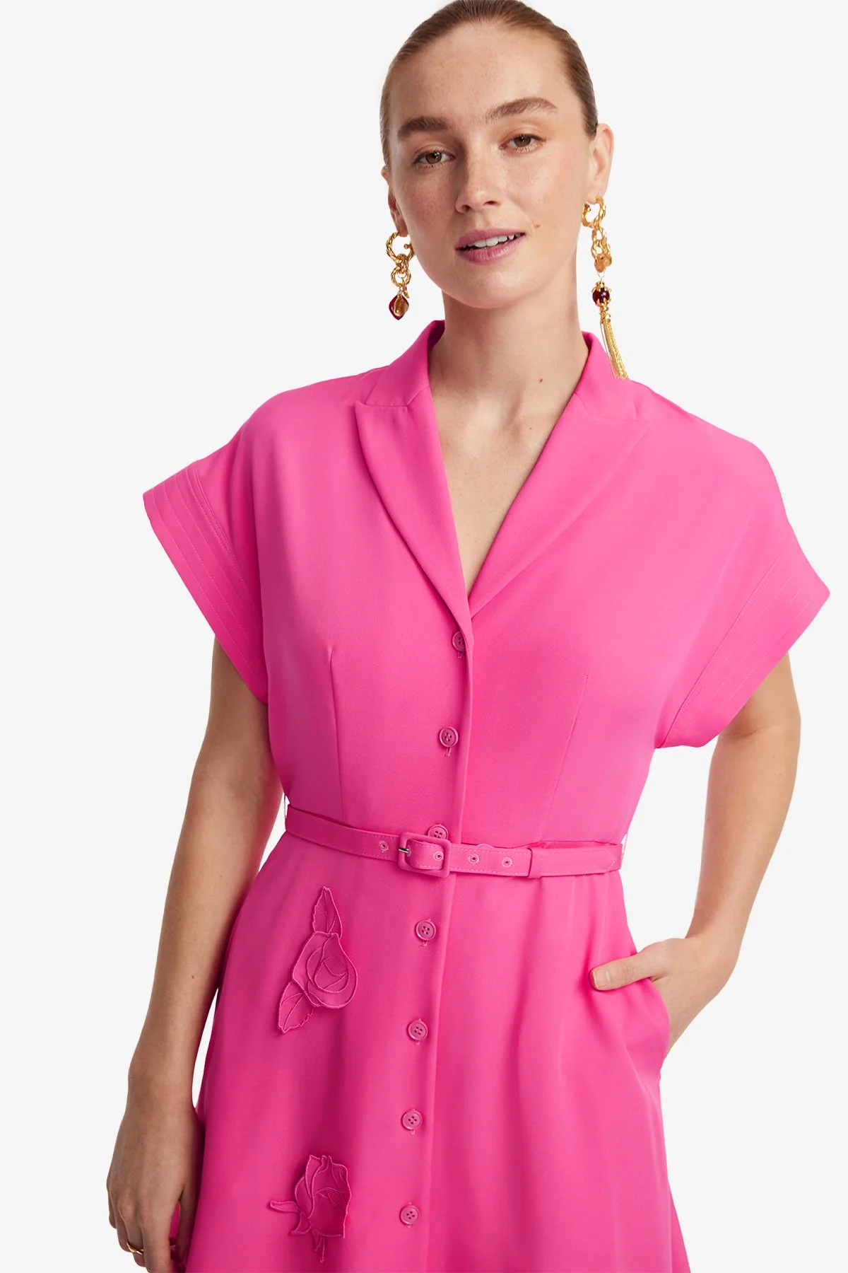 Aubrey Appliqué Shirt Midi Dress - Fuchsia