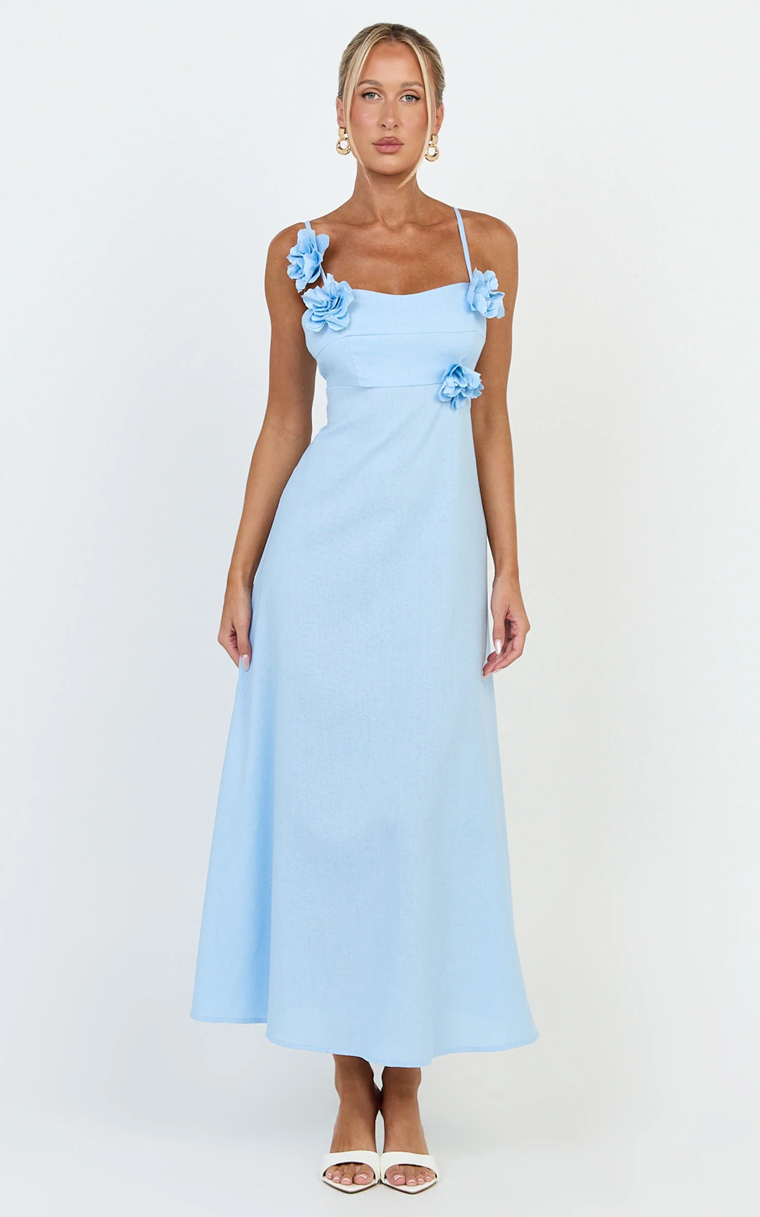 Ondine Midi Dress - 3D Flower Strappy Dress in Blue
