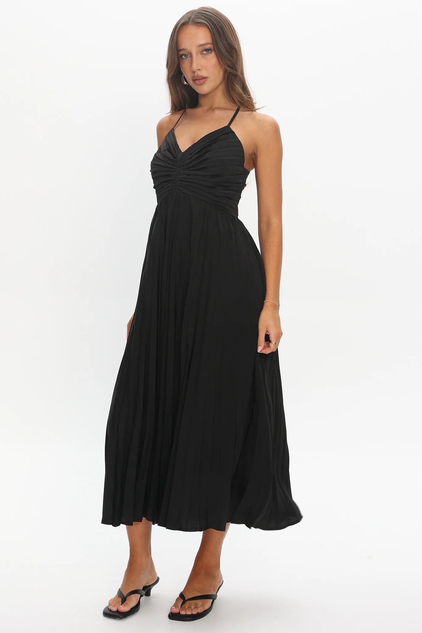 Spoken For Accordion Pleat Midi Dress Black