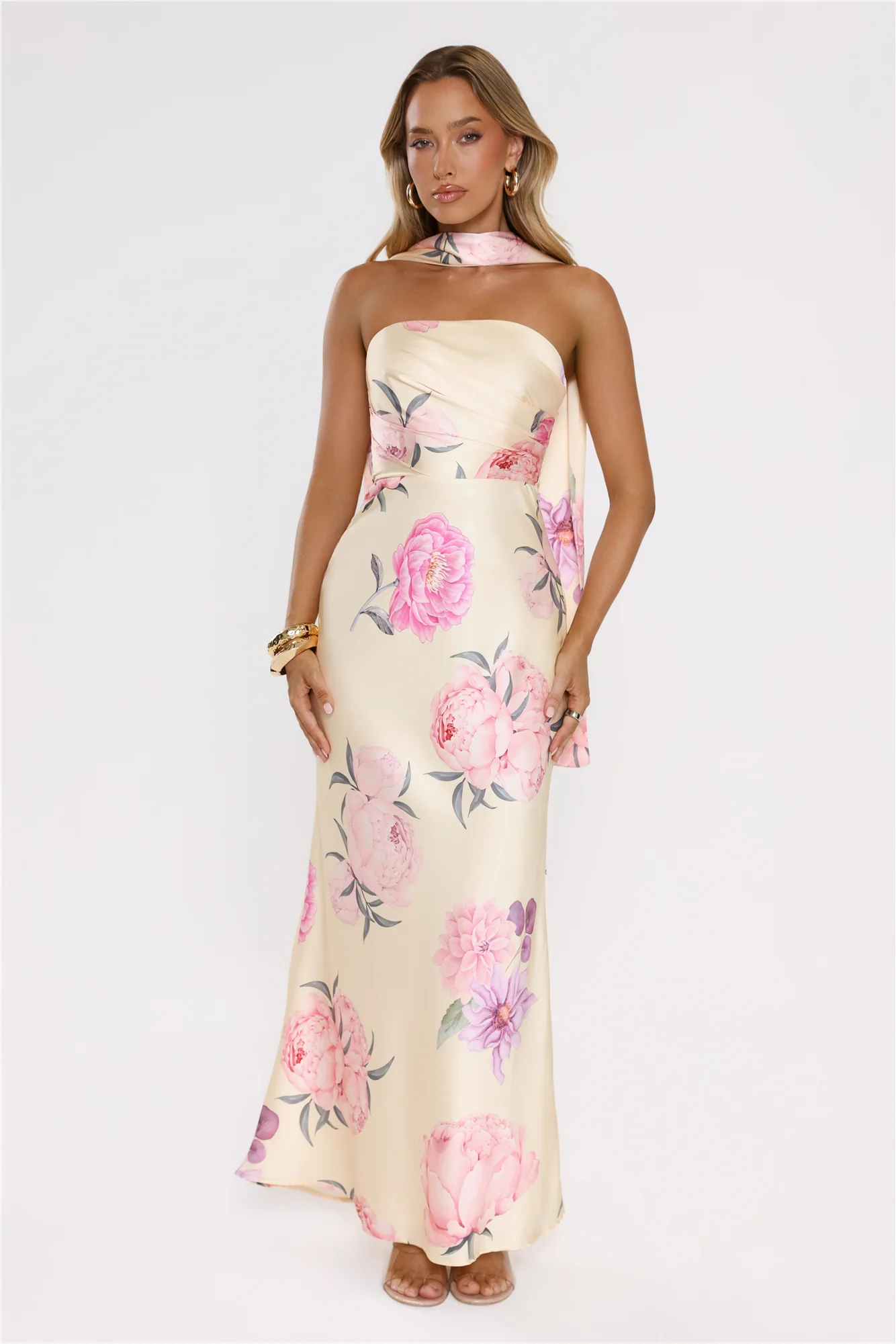 Chic Blooms Satin Maxi Dress Yellow