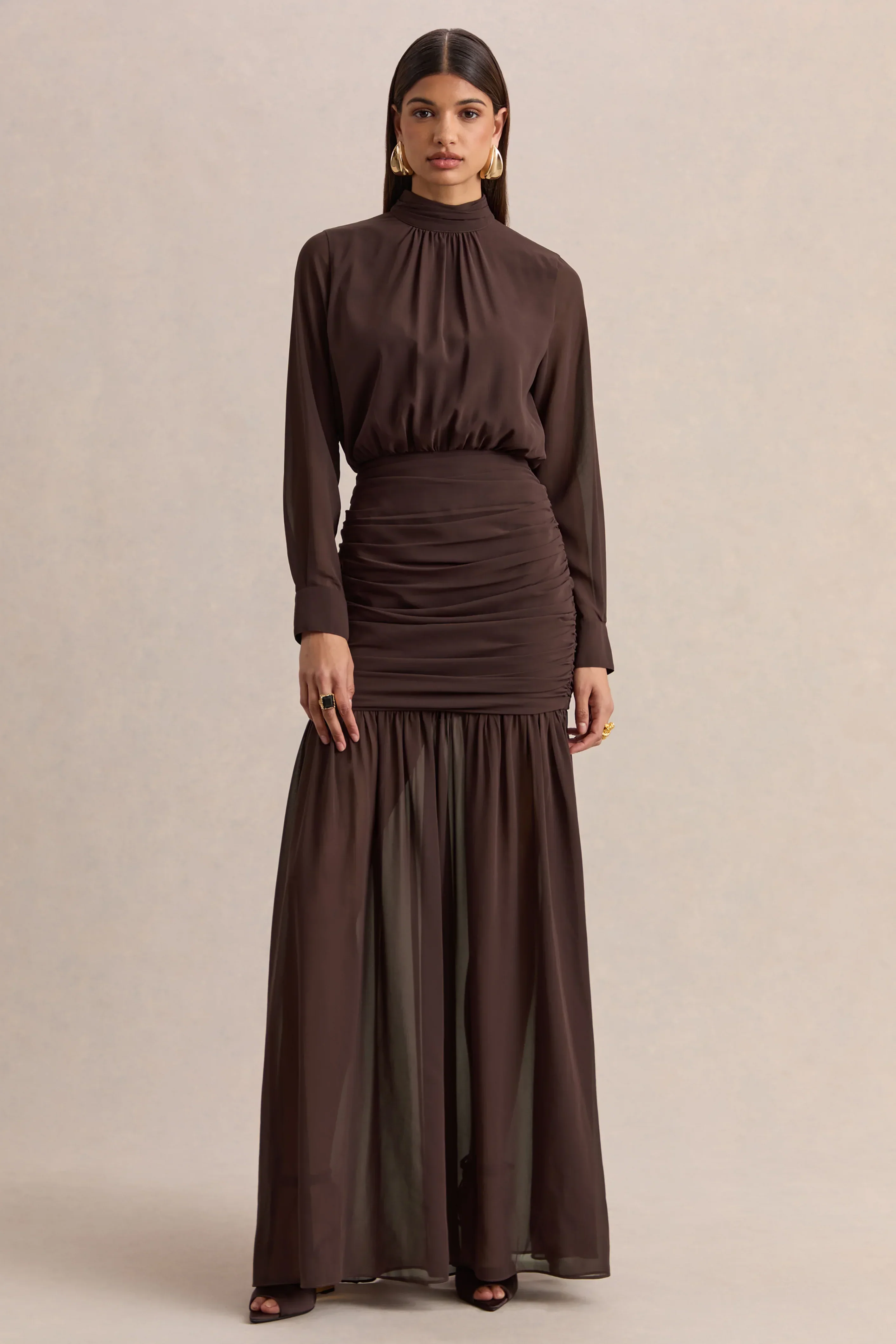 Zella | Brown High-Neck Maxi Dress With Sheer-Skirt