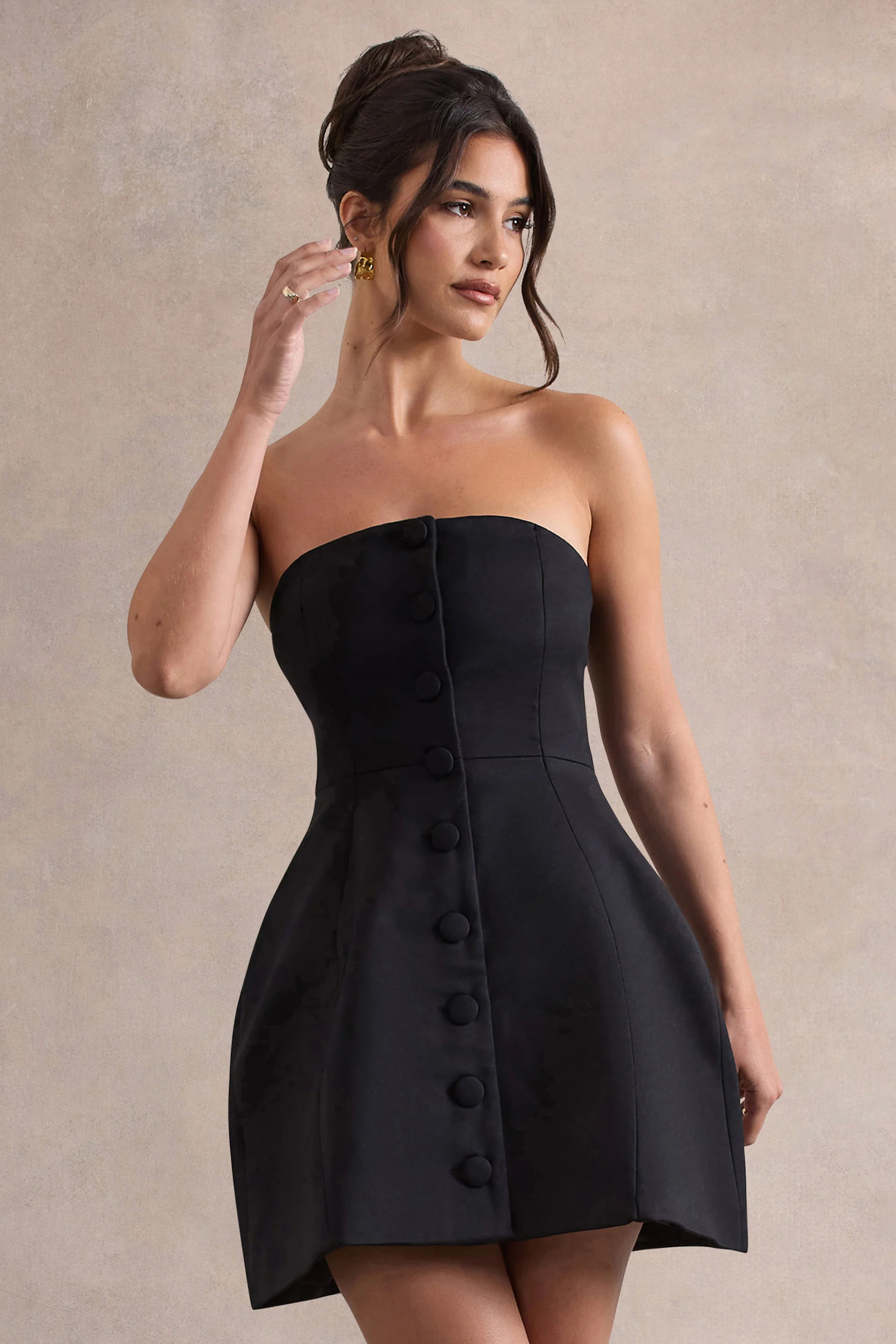 Anniston | Black Bandeau Tailored Buttoned Mini Dress