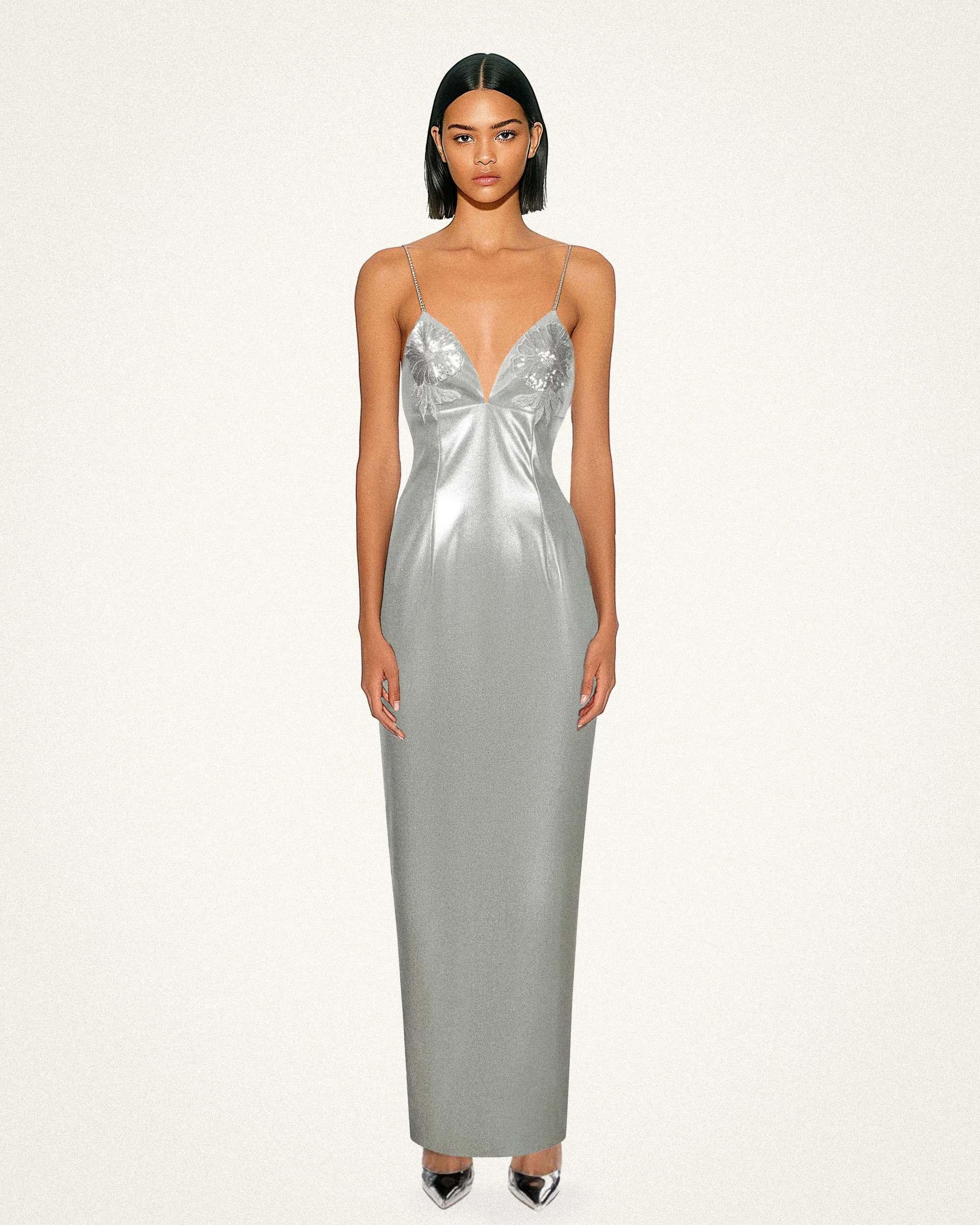 Ayliua Sweetheart-Neckline Rhinestones Embellished Silver Long Dress - Silver - FASHION NOB