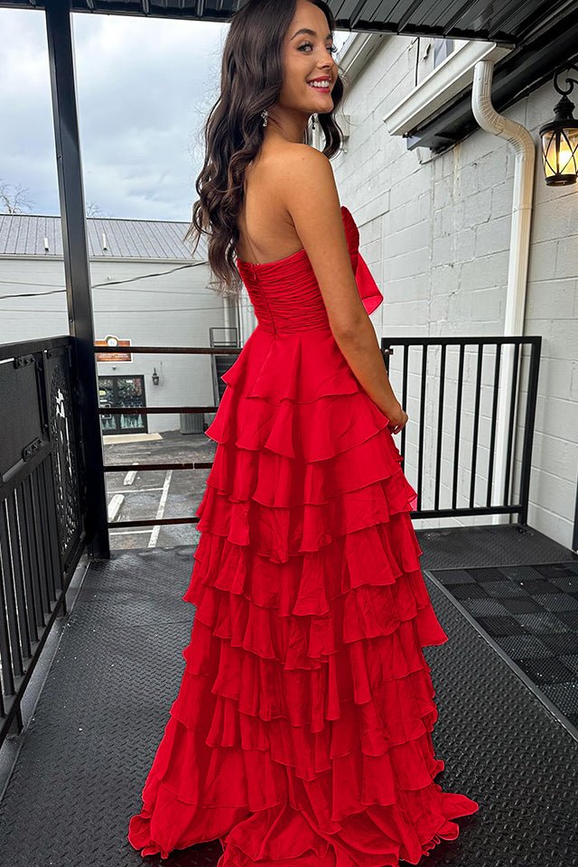 Cinizia | Chiffon Fuchsia Sweetheart Tiered Ruffles Prom Dress with Slit