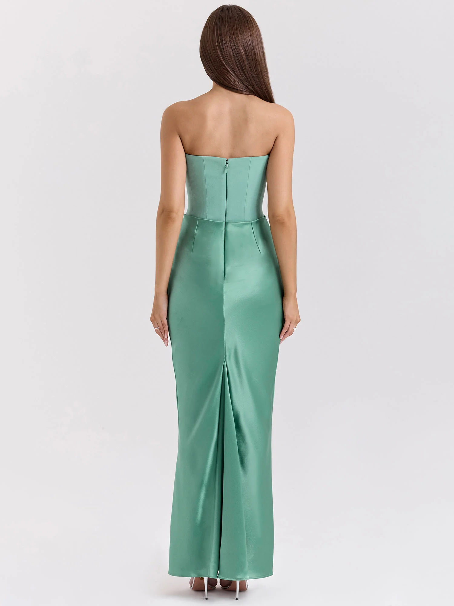 Green Strapless Draped Bodycon Maxi Dress