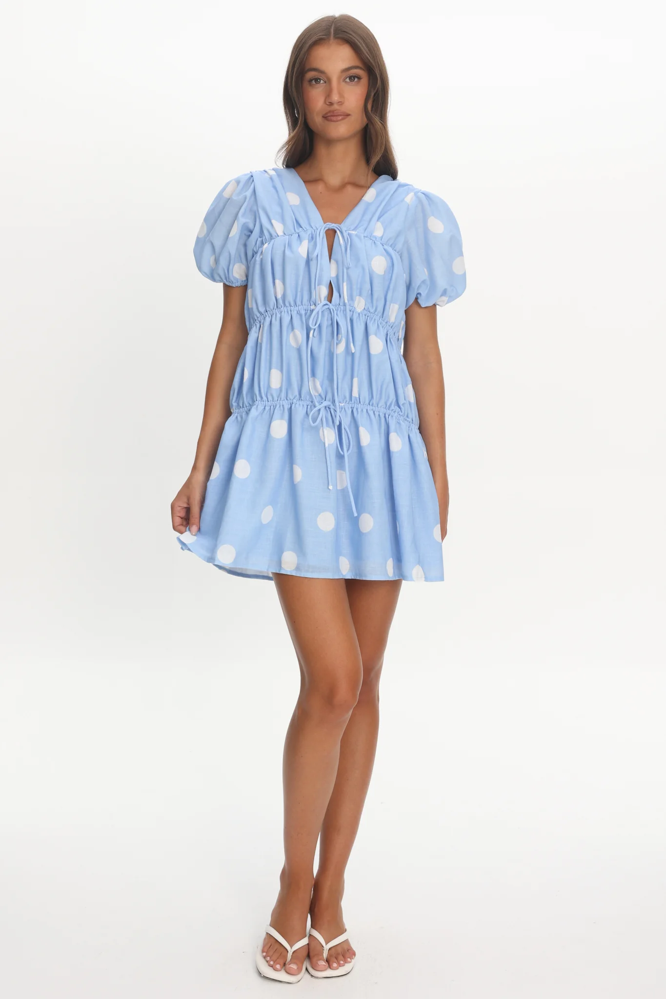 Antibes Tie Front Puff Sleeve Mini Dress Light Blue - luluinthesky