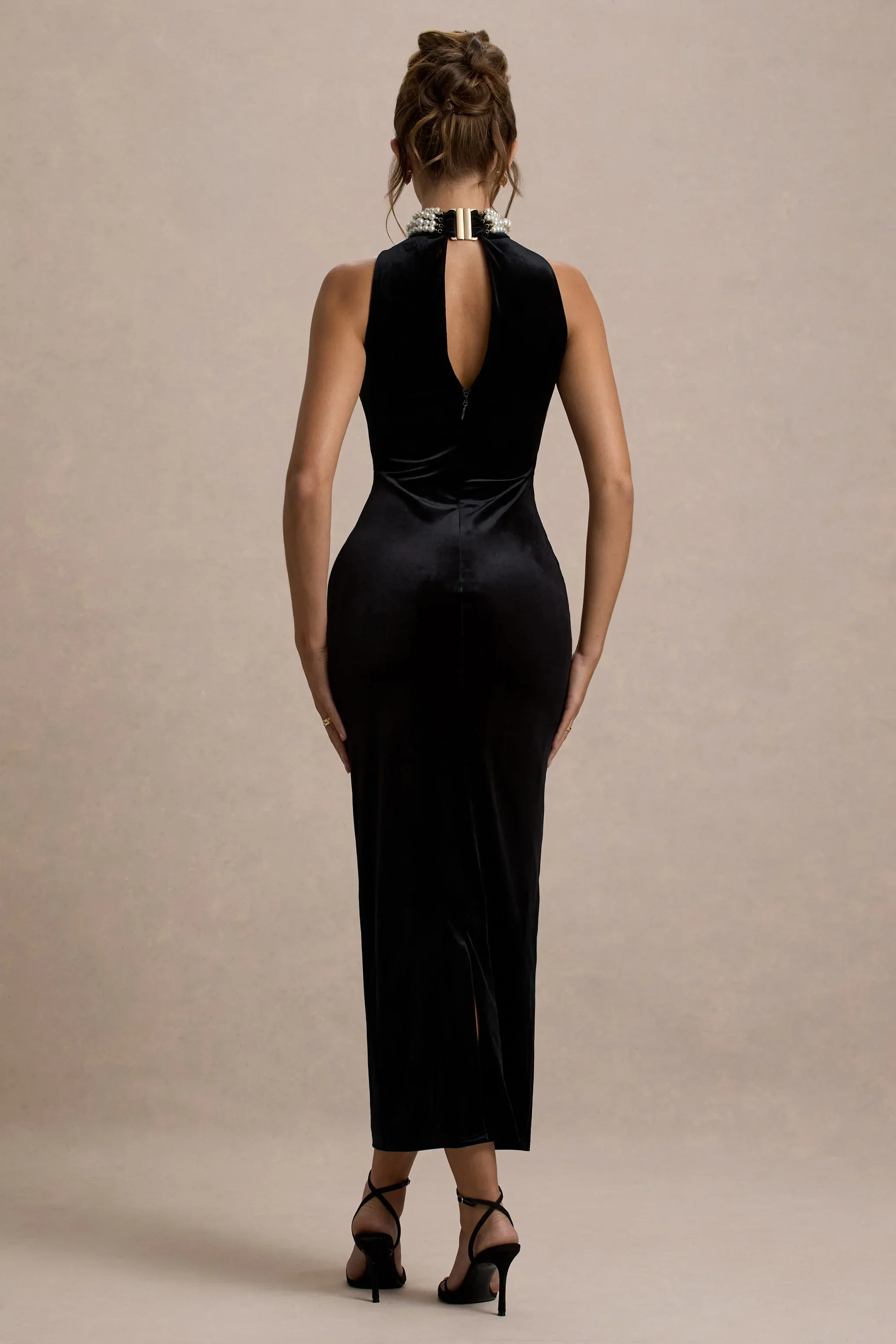 Audrine | Black Velvet Embellished High-Neck Maxi Dress
