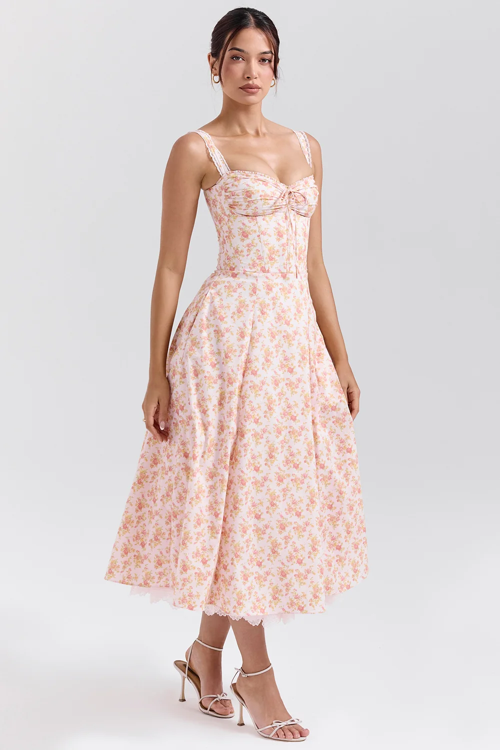Peach Poppy Print Cotton Bustier Sundress
