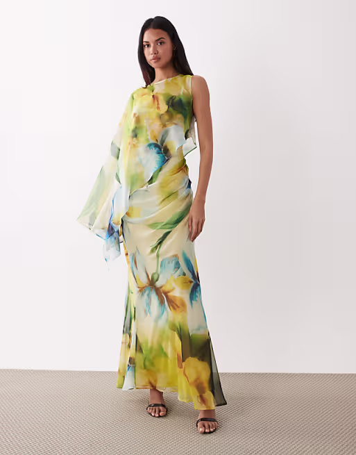 draped batwing asymmetric one sleeve maxi dress in blue floral print