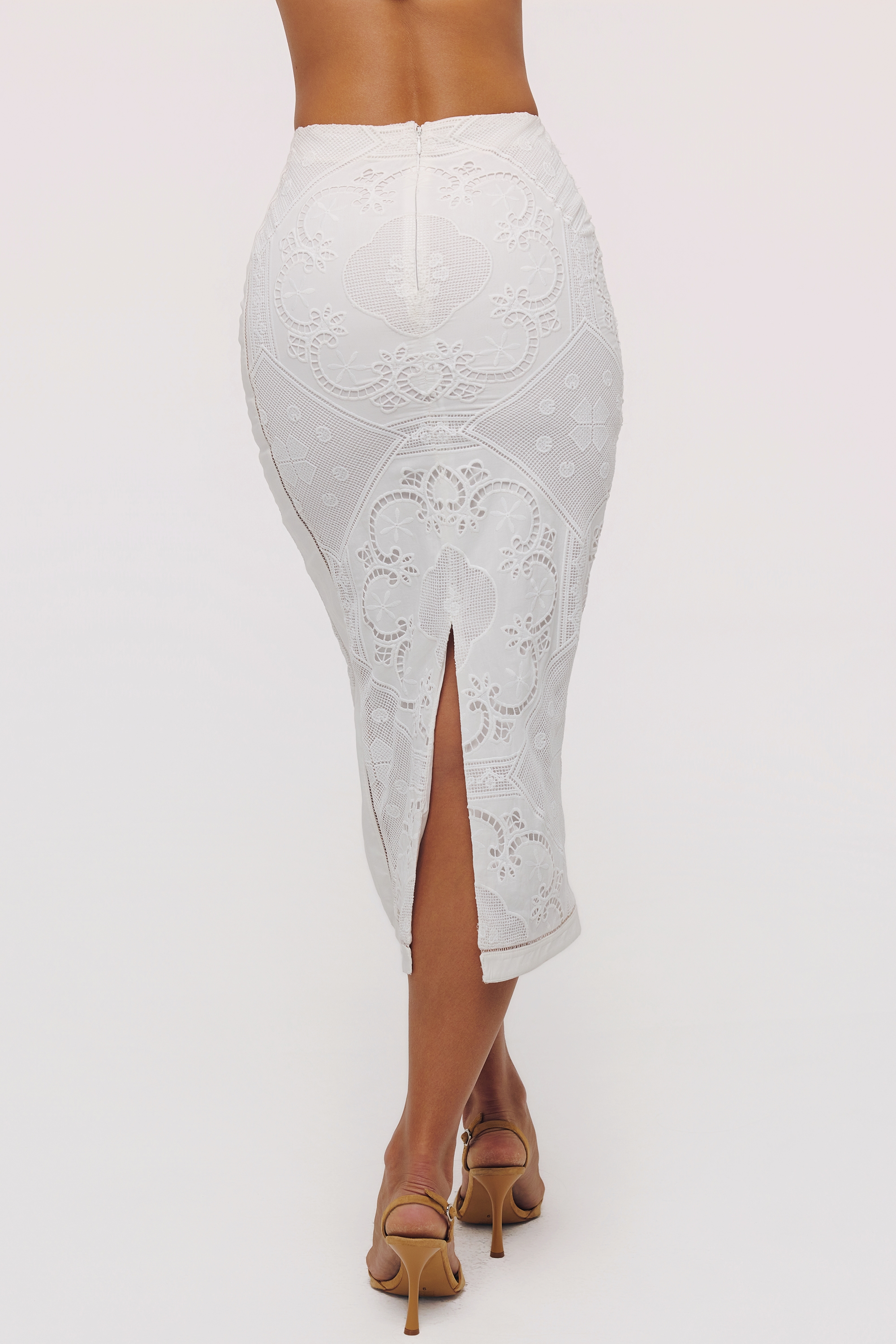 White Cotton Placement Lace Broderie Anglaise Midi Skirt