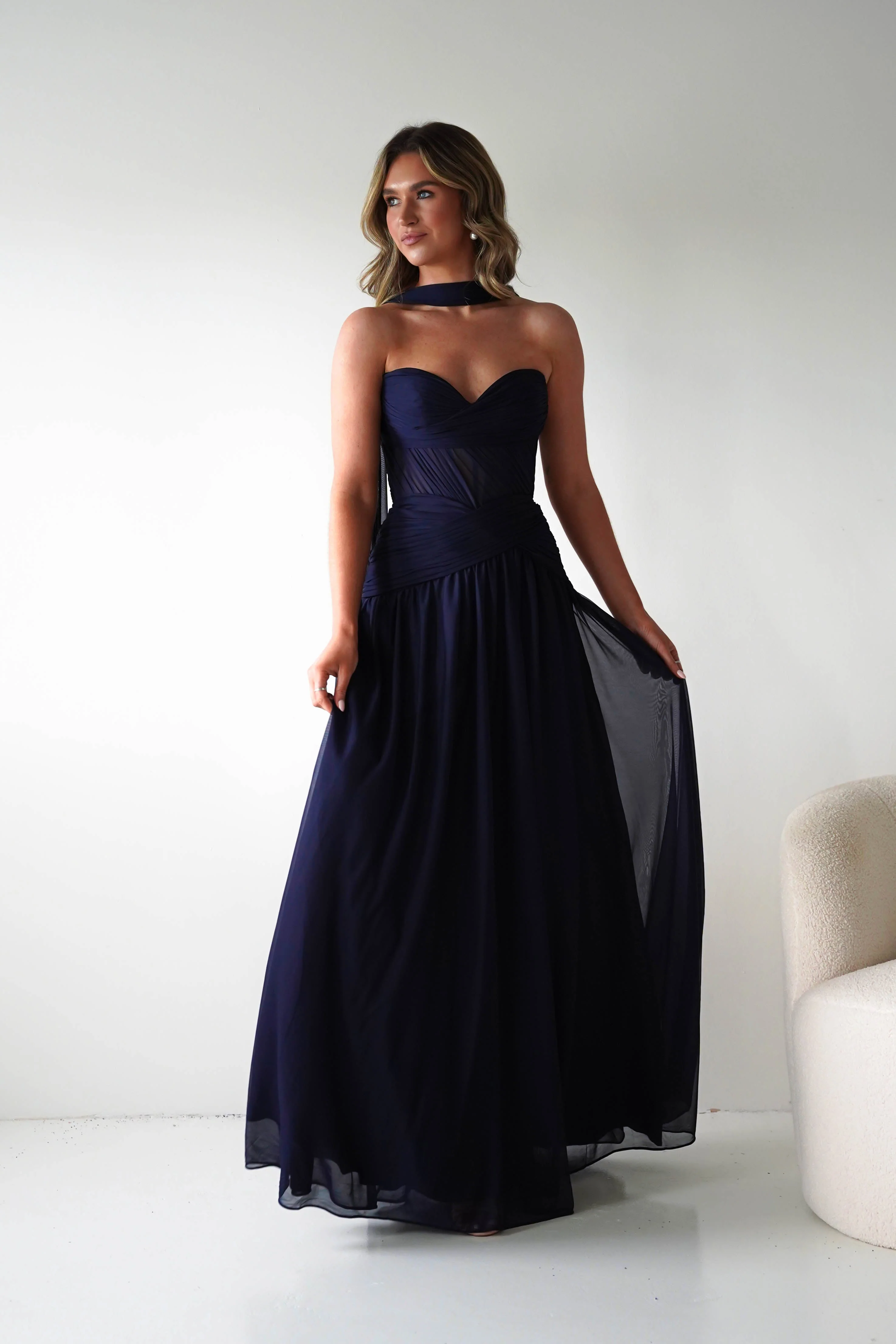 Nicolette Strapless Chiffon Maxi Gown | Navy