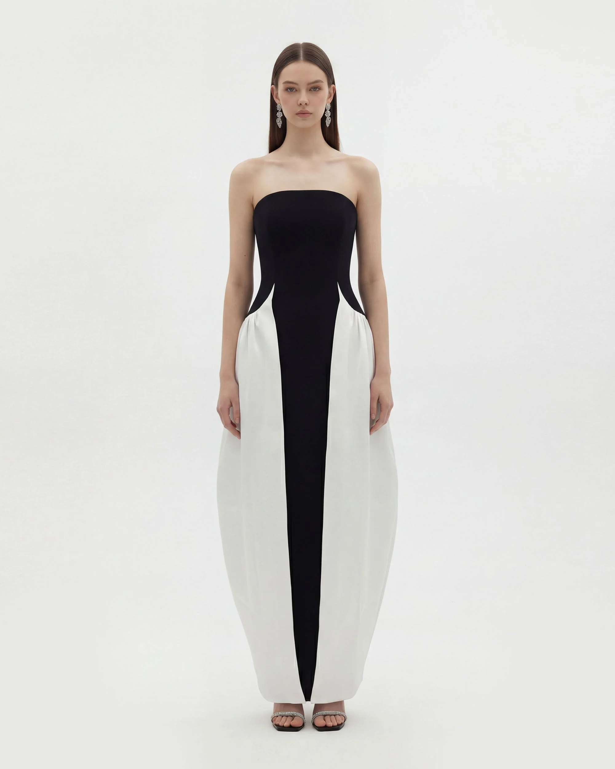 Monochrome Paneled Strapless Sculptural Maxi Dress - Black