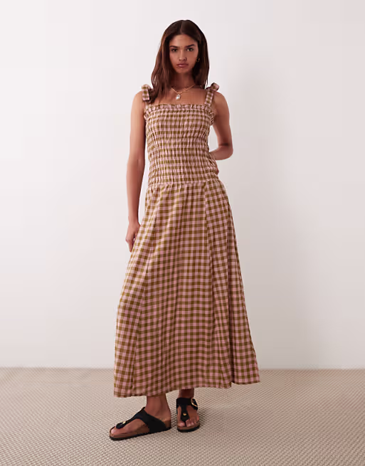 Esmée tie strap beach maxi dress in pink & green gingham