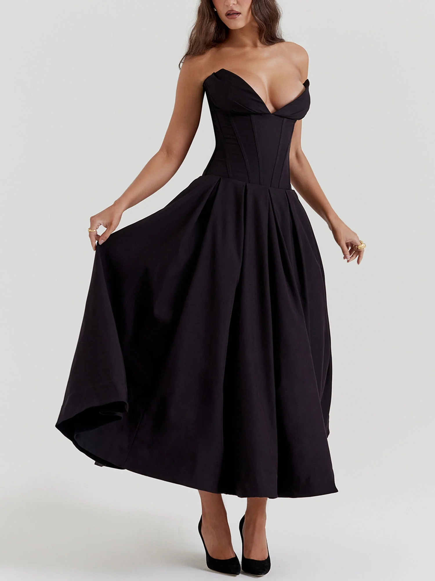 Black Strapless Fit-and-Flare Midi Dress