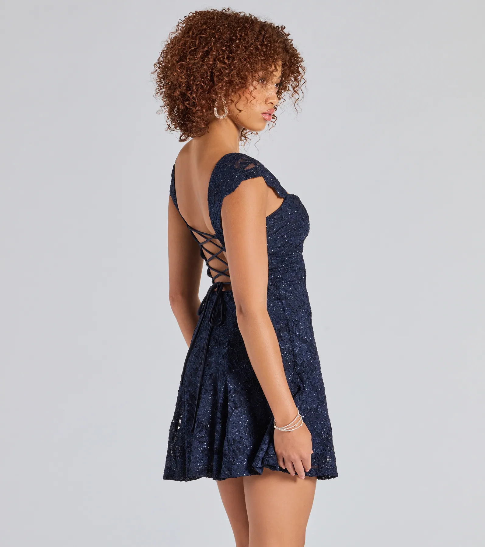 Ayzel Lace-Up A-Line Glitter Lace Dress