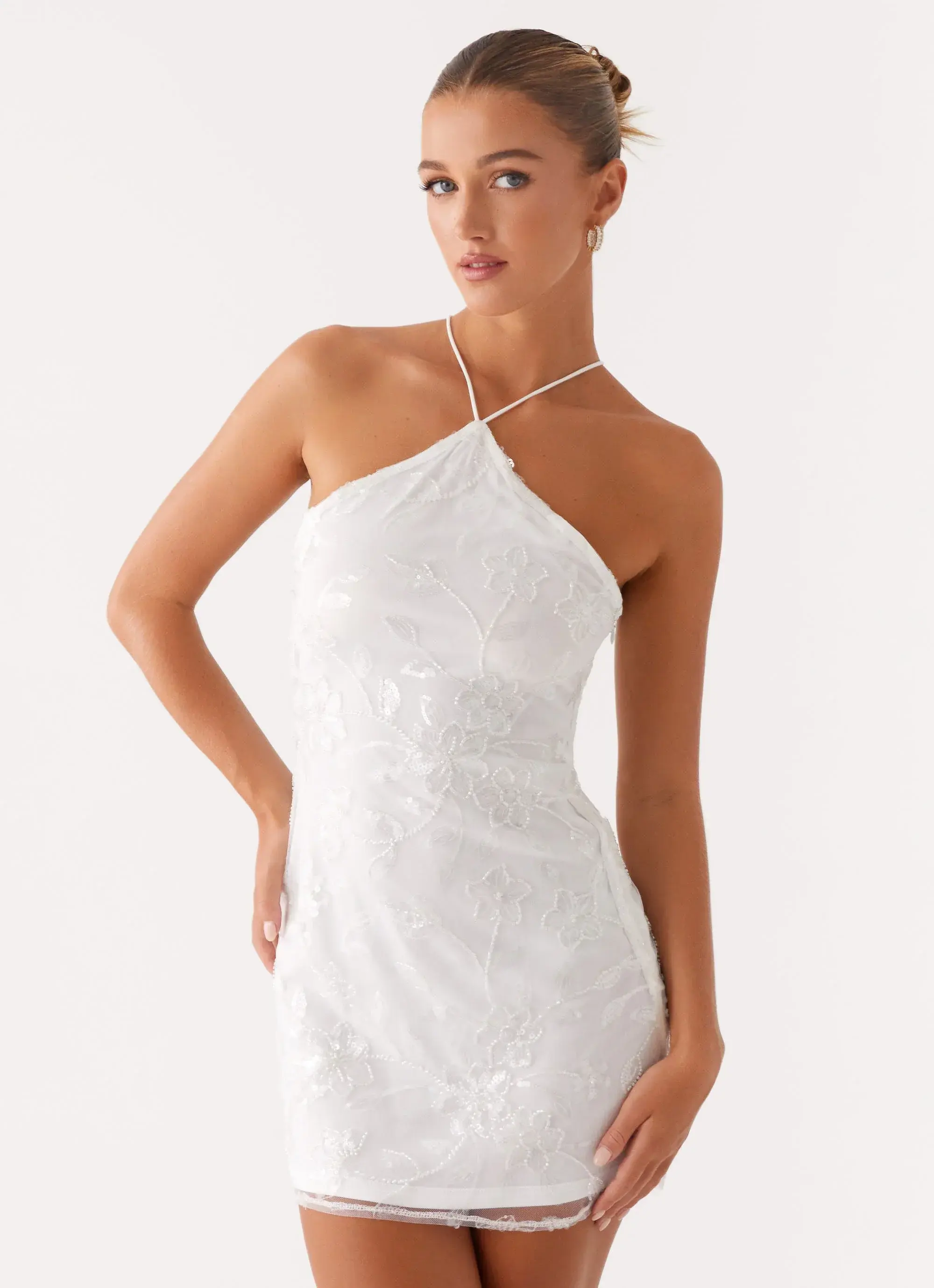 Rumi Beaded Mini Dress - White - luluinthesky