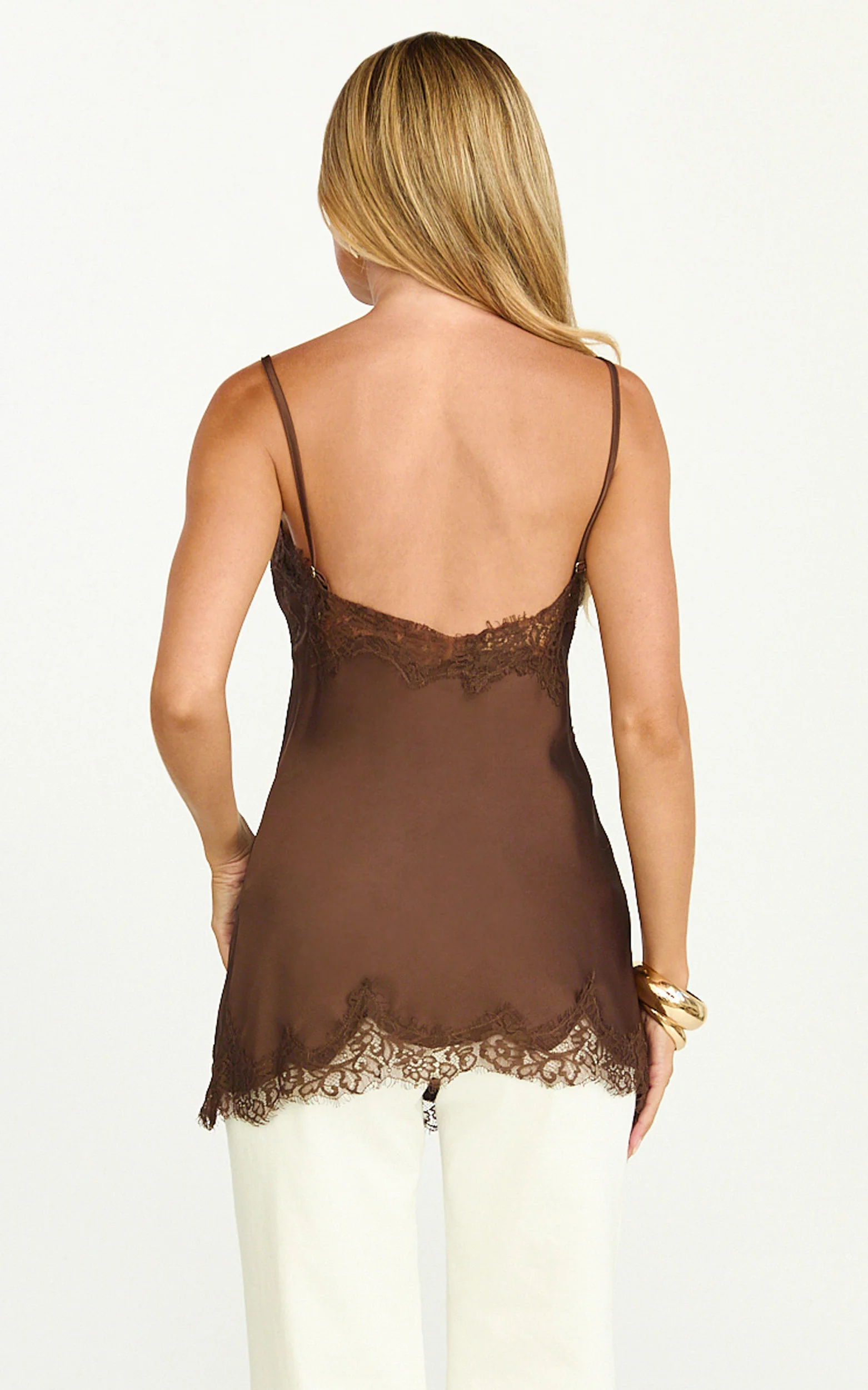 Ava Top - Lace Trim Longline Camisole Top in Chocolate