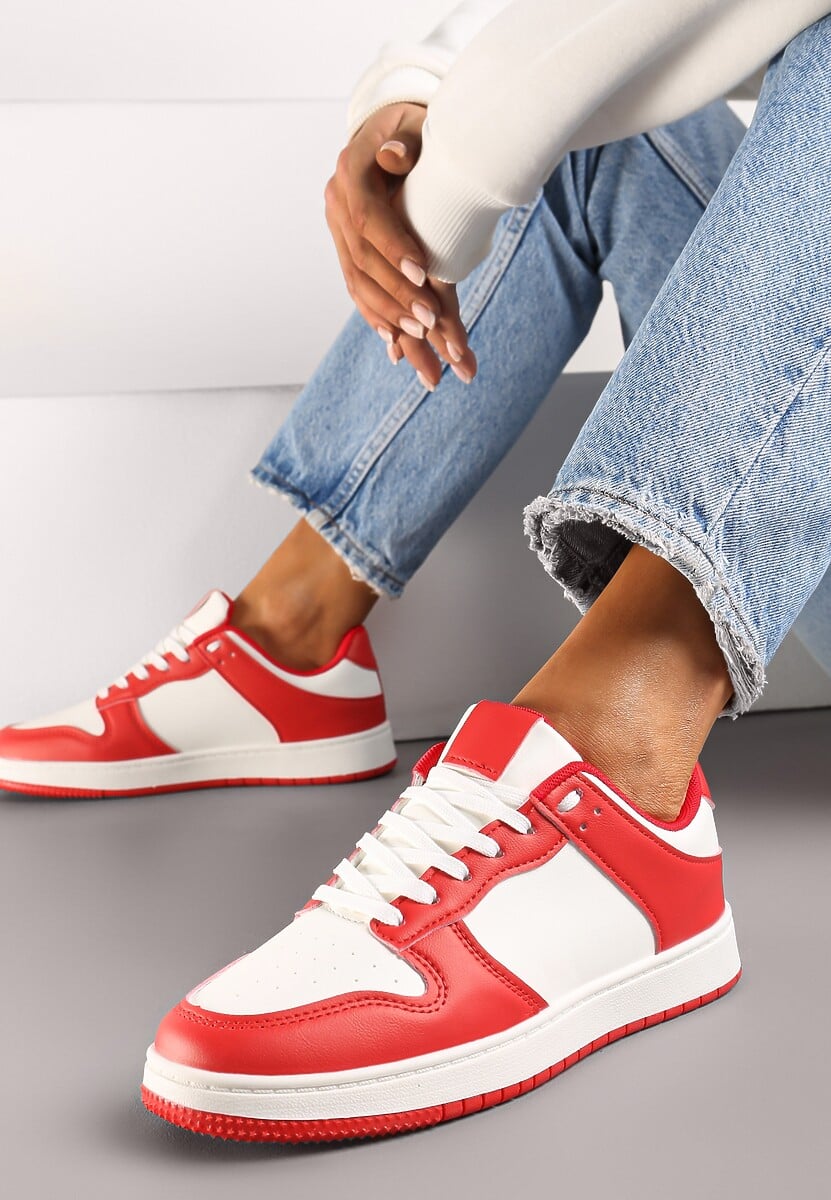 Biało-Czerwone Sznurowane Sneakersy na Płaskiej Podeszwie z Imitacji Skóry Bioriana