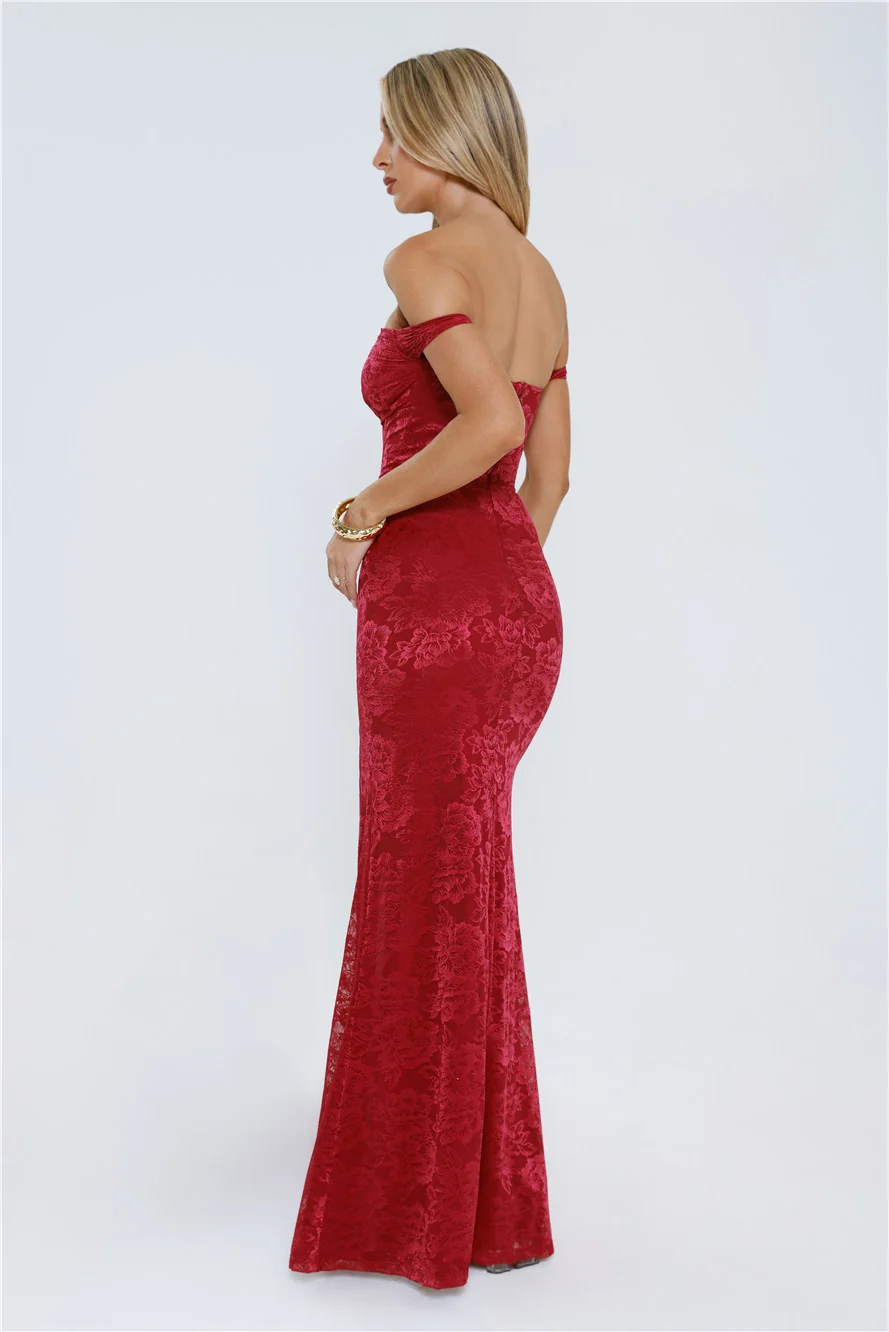 Night Bloom Off Shoulder Maxi Dress Burgundy