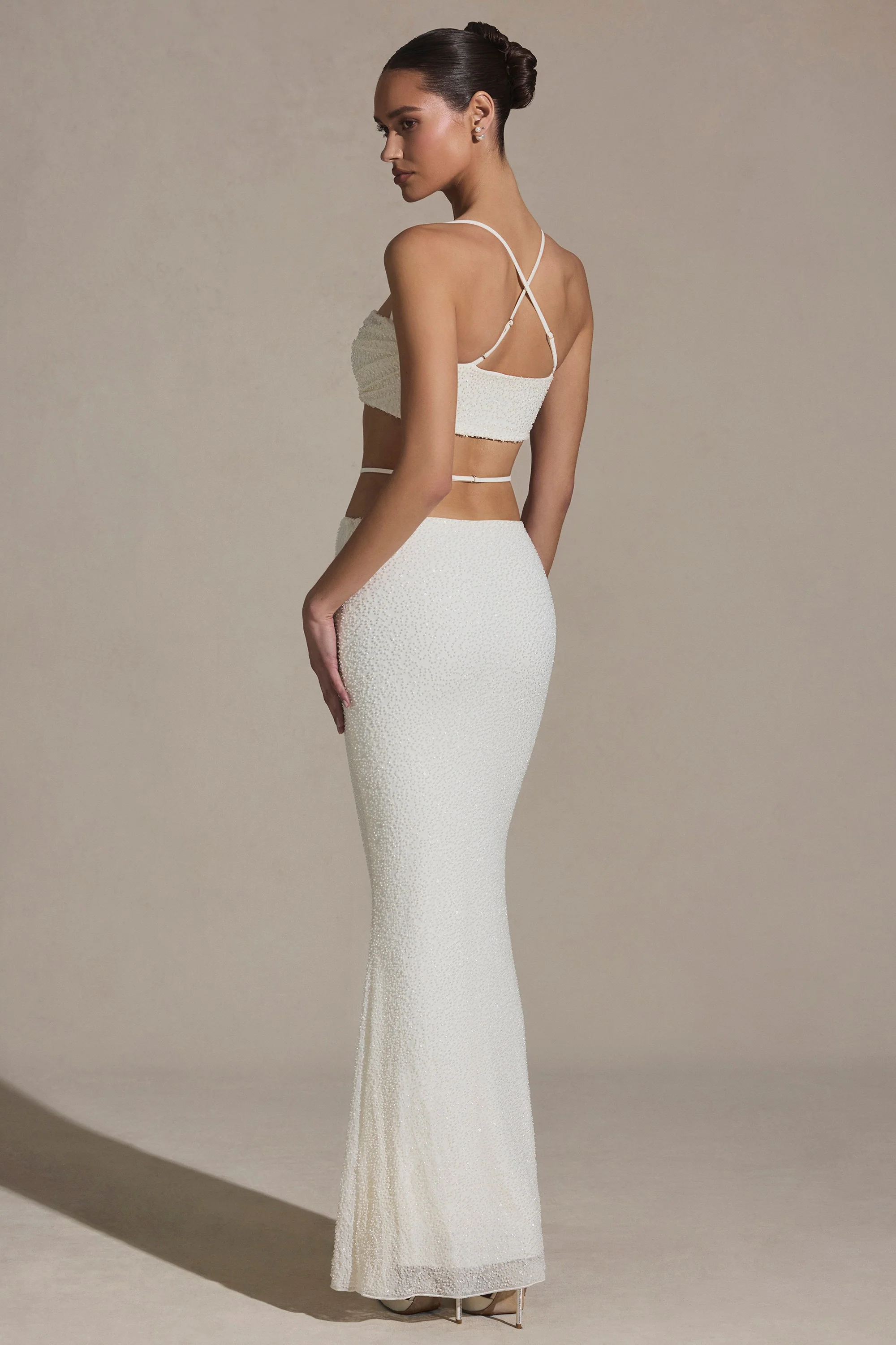 Embellished Strappy Maxi Skirt in White