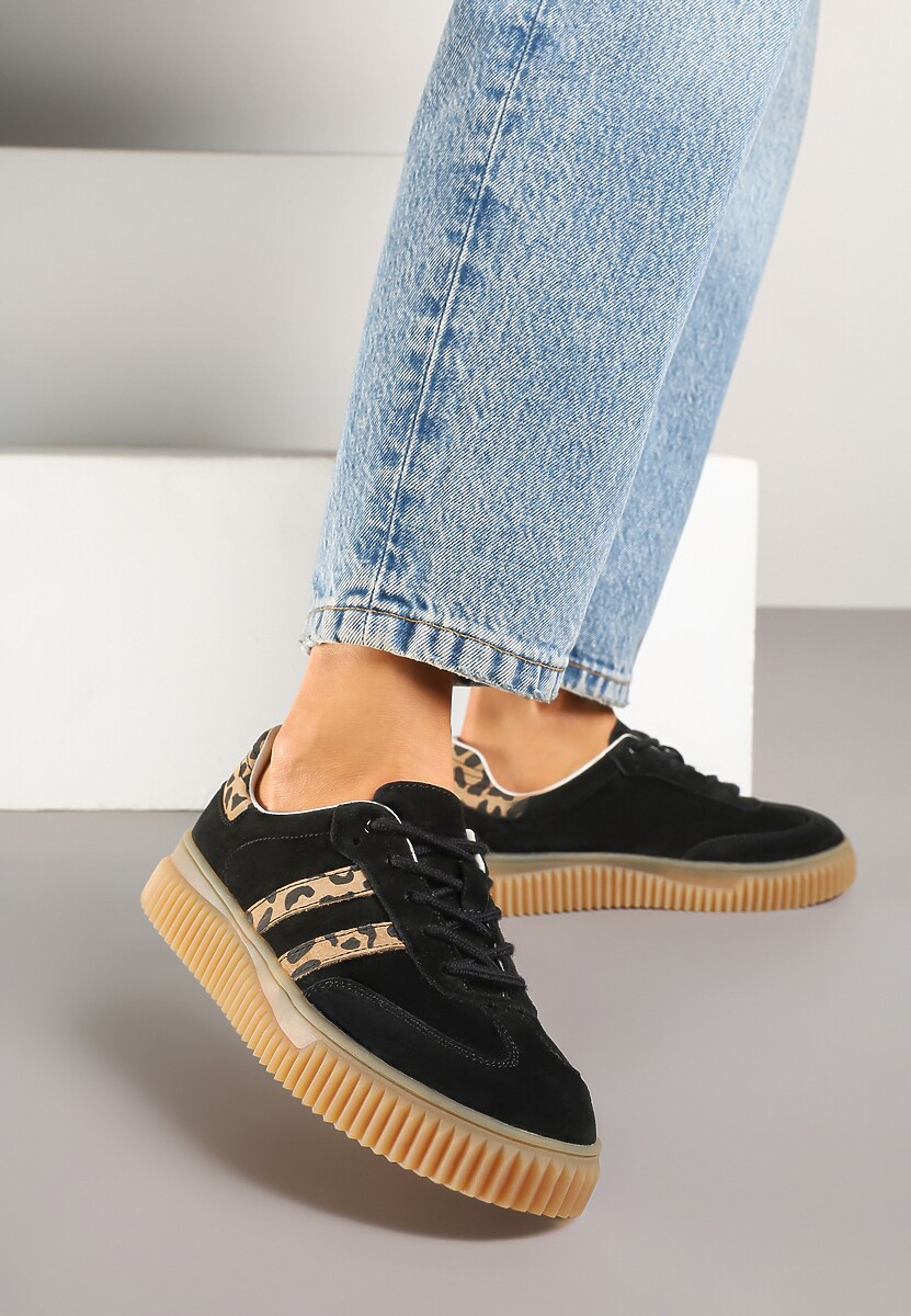 Czarne Zamszowe Sneakersy w Stylu Kultowych Tenisówek ze Skórzaną Wkładką i Wzorem w Panterkę Tenannia