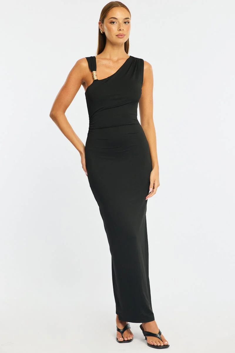 Black Maxi Dress One Shoulder Hard Wear Detail