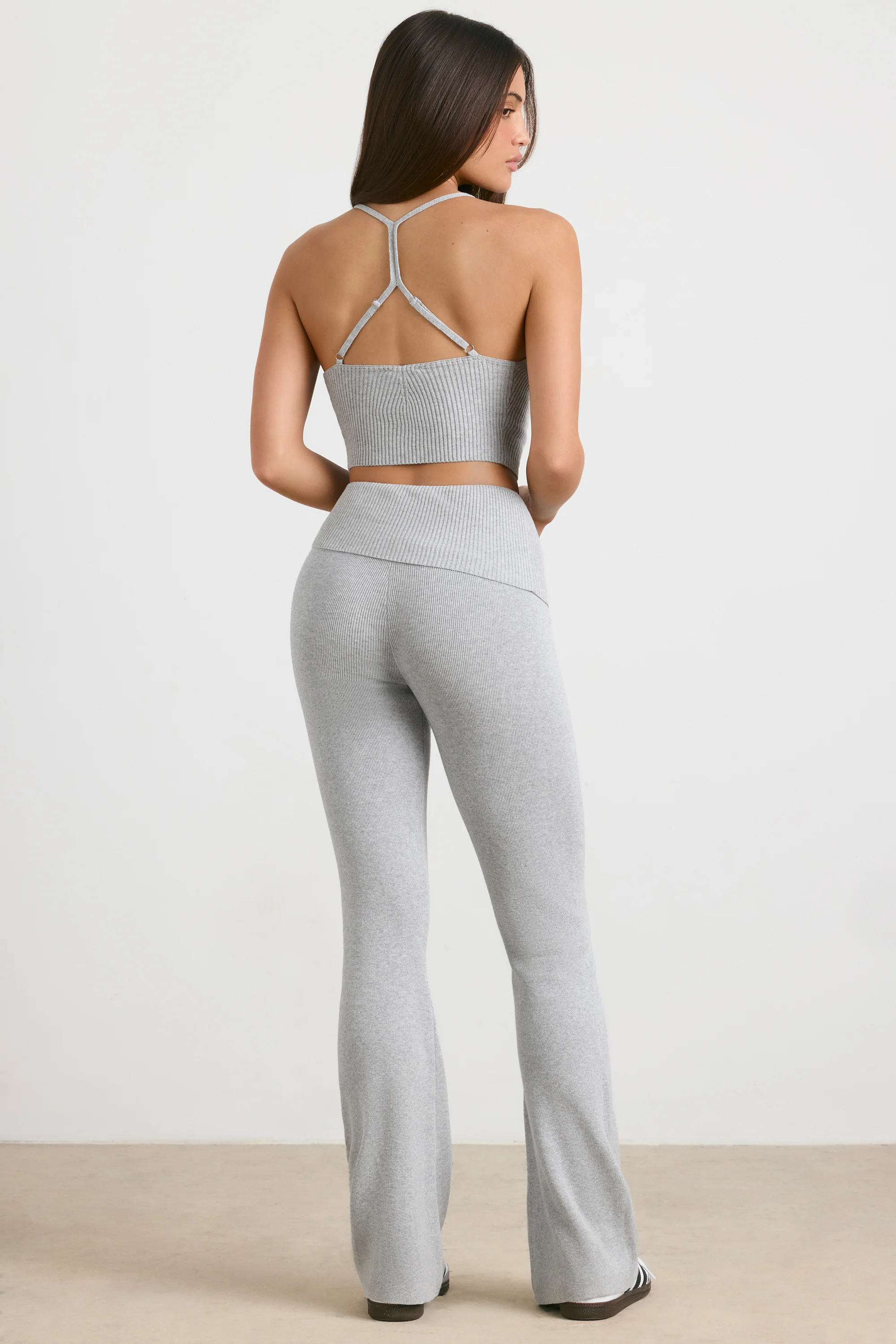 Chunky Knit Foldover Kick Flare Trousers in Grey Marl
