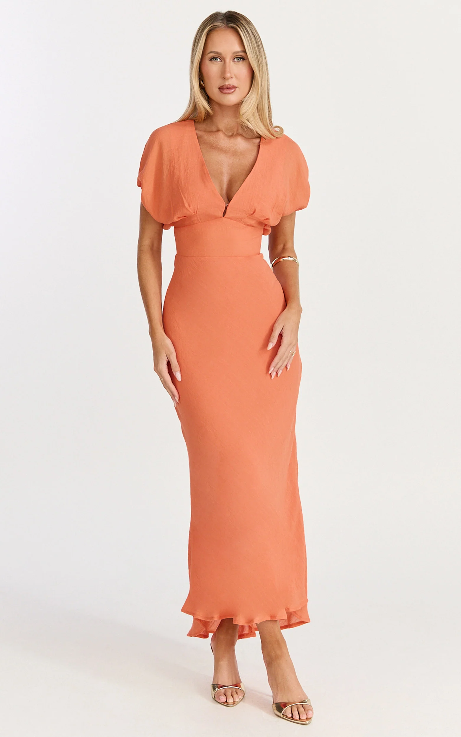 Desiree Midi Dress - V Neck Flutter Short Sleeve Slip Dress in Orange