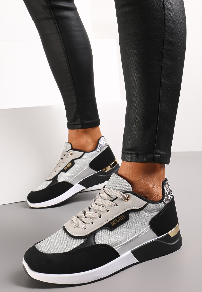 Srebrno-Czarne Sneakersy Brokatowe z Metaliczną Wstawką Kemanne