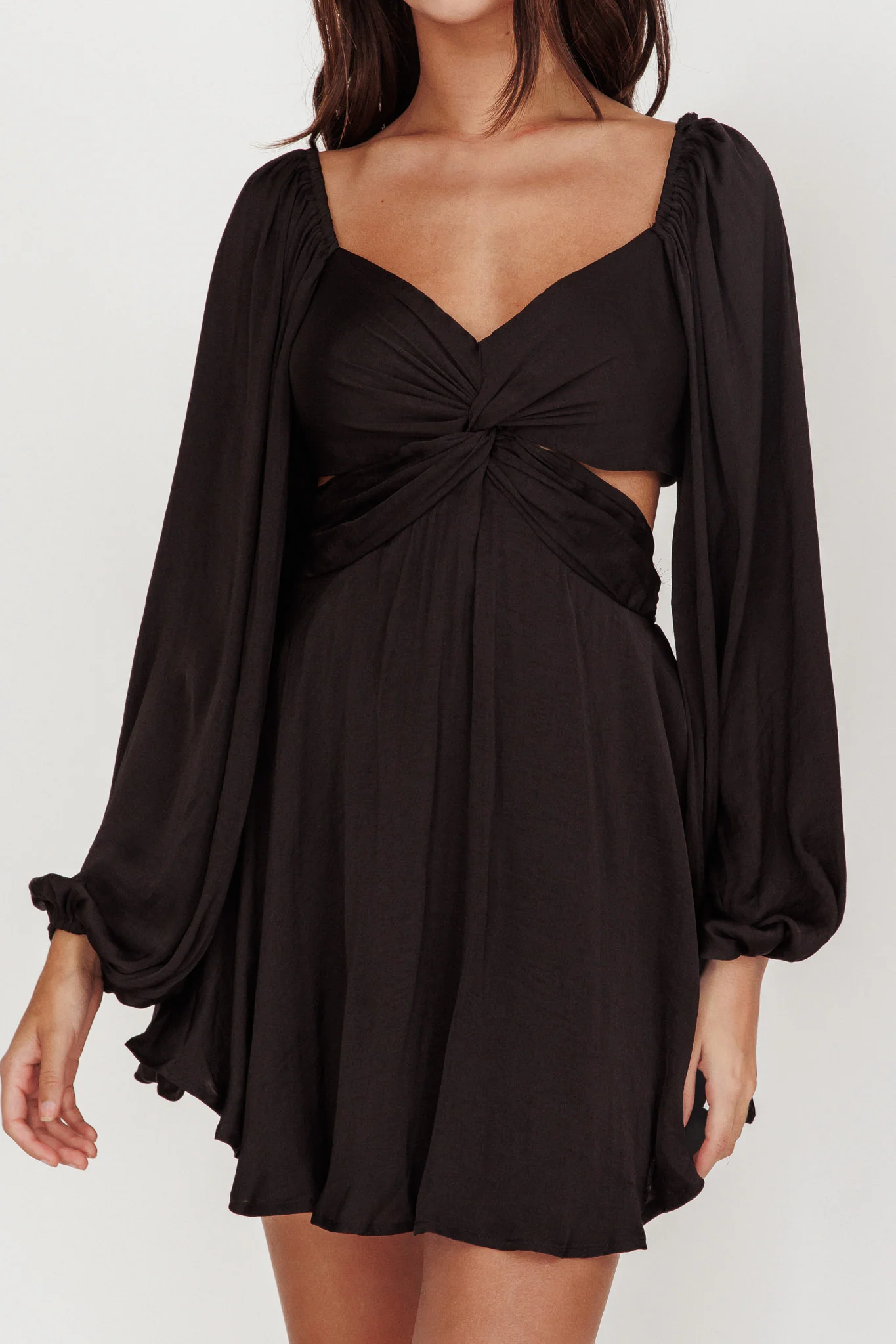 Miraya Balloon Sleeve Twist Mini Dress Black - luluinthesky