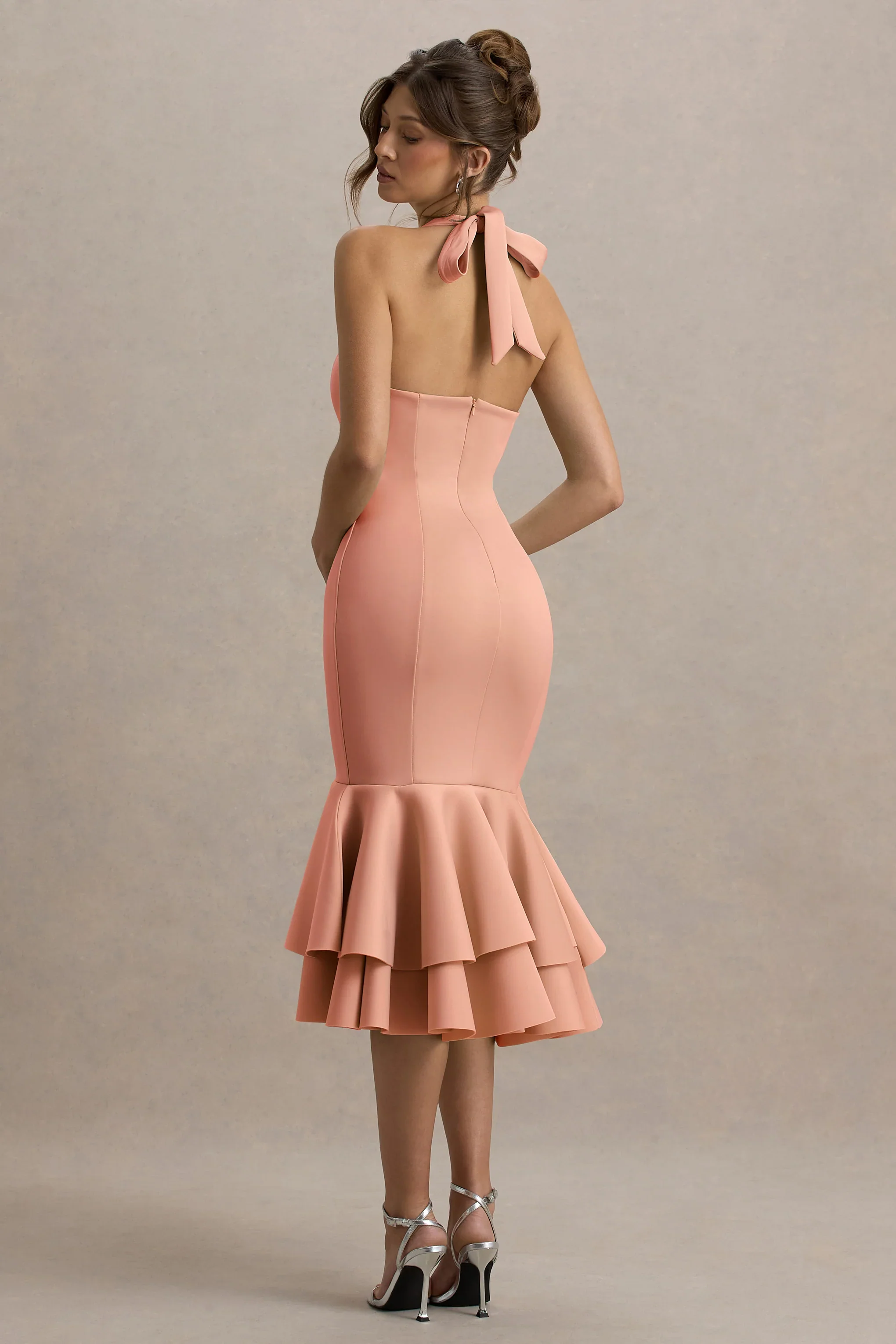 Arla | Pink Halter Neck Ruffle Trim Midi Dress