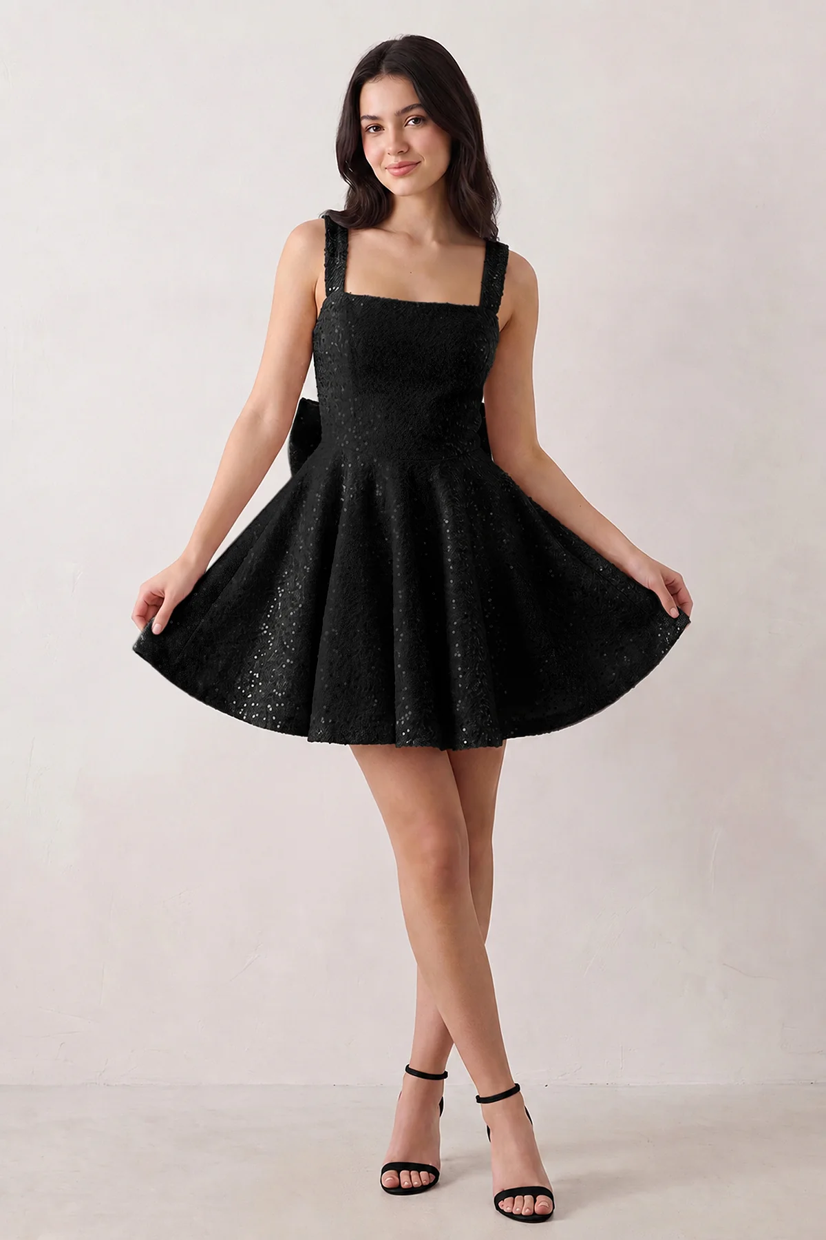 Sparkly Pink Square Neck A-Line Sequin Ruched Homecoming Dress with Bow