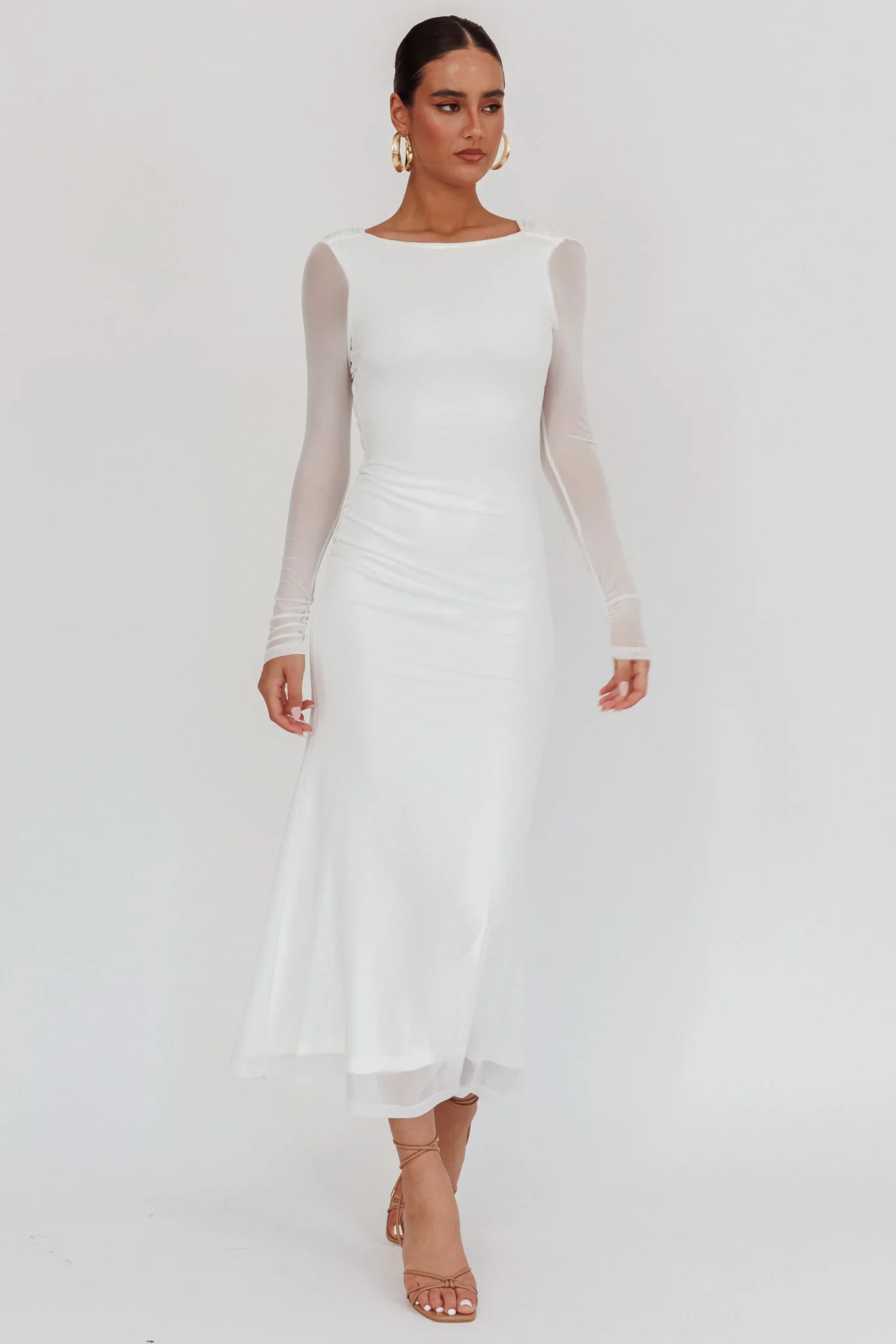 Lustre Open Back Mesh Maxi Dress White