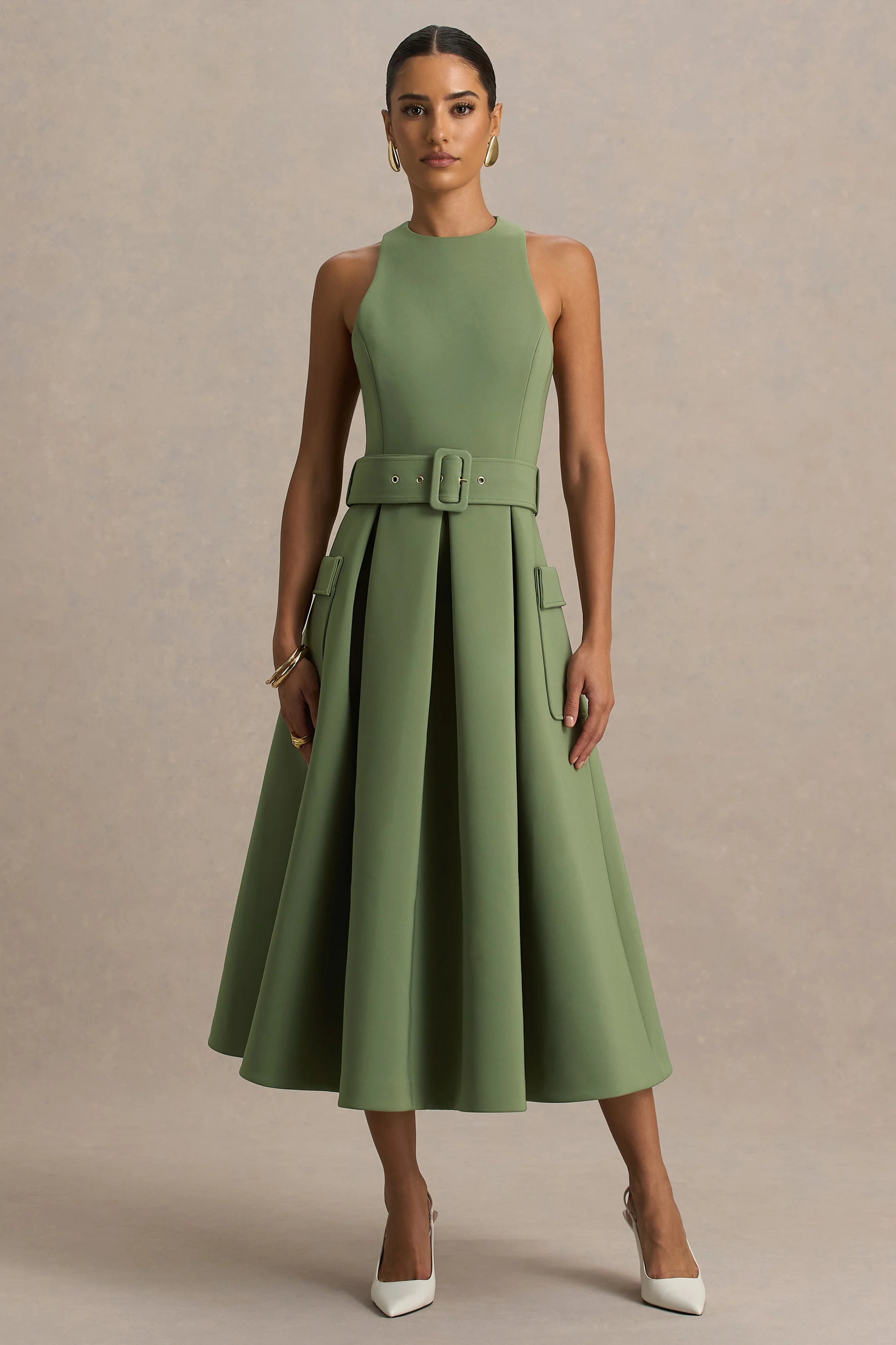 Elisia | Olive Crew-Neck Belted Midi Dress
