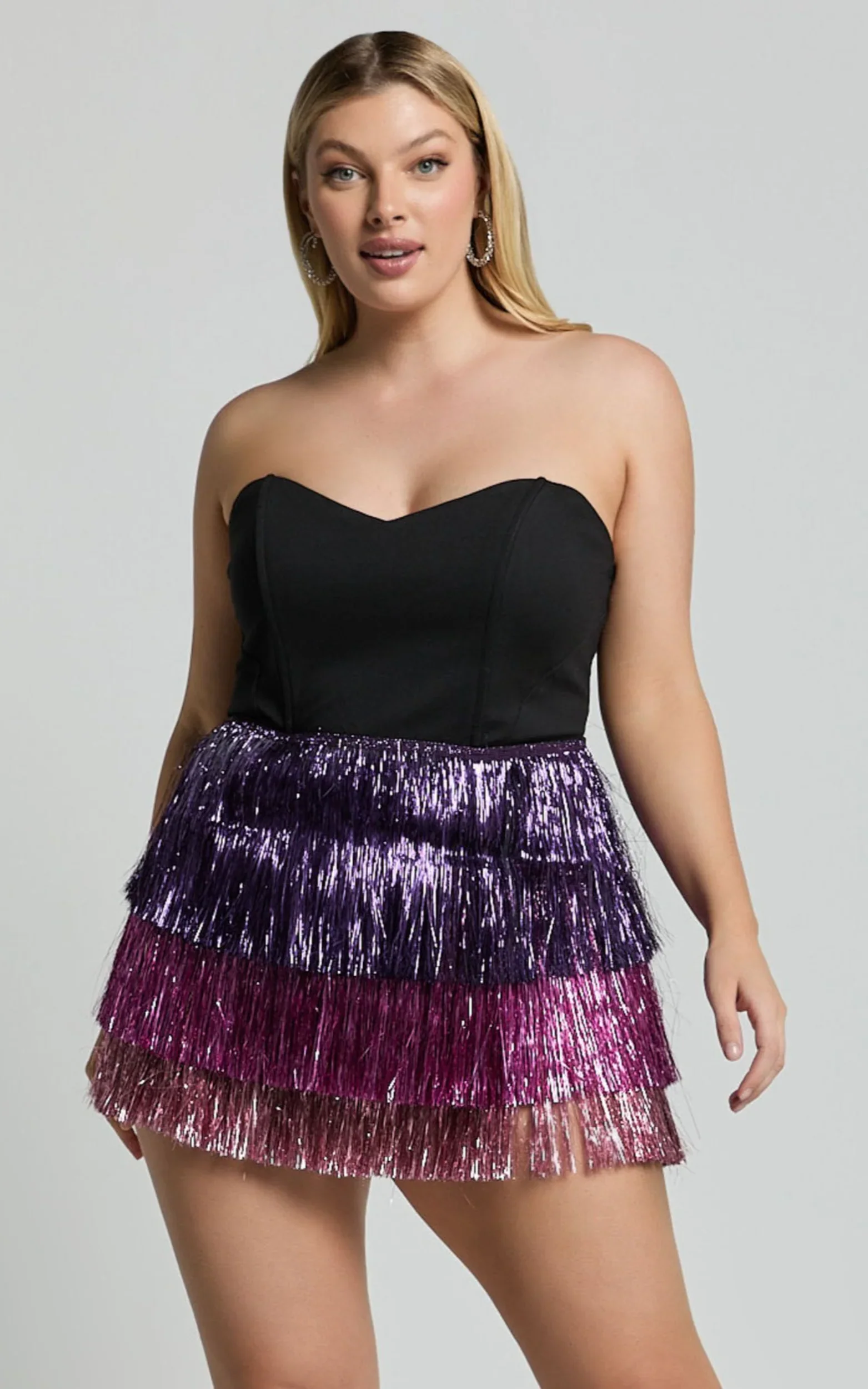 Flossie Mini Dress - Sweetheart Fringe Layered Dress in Black