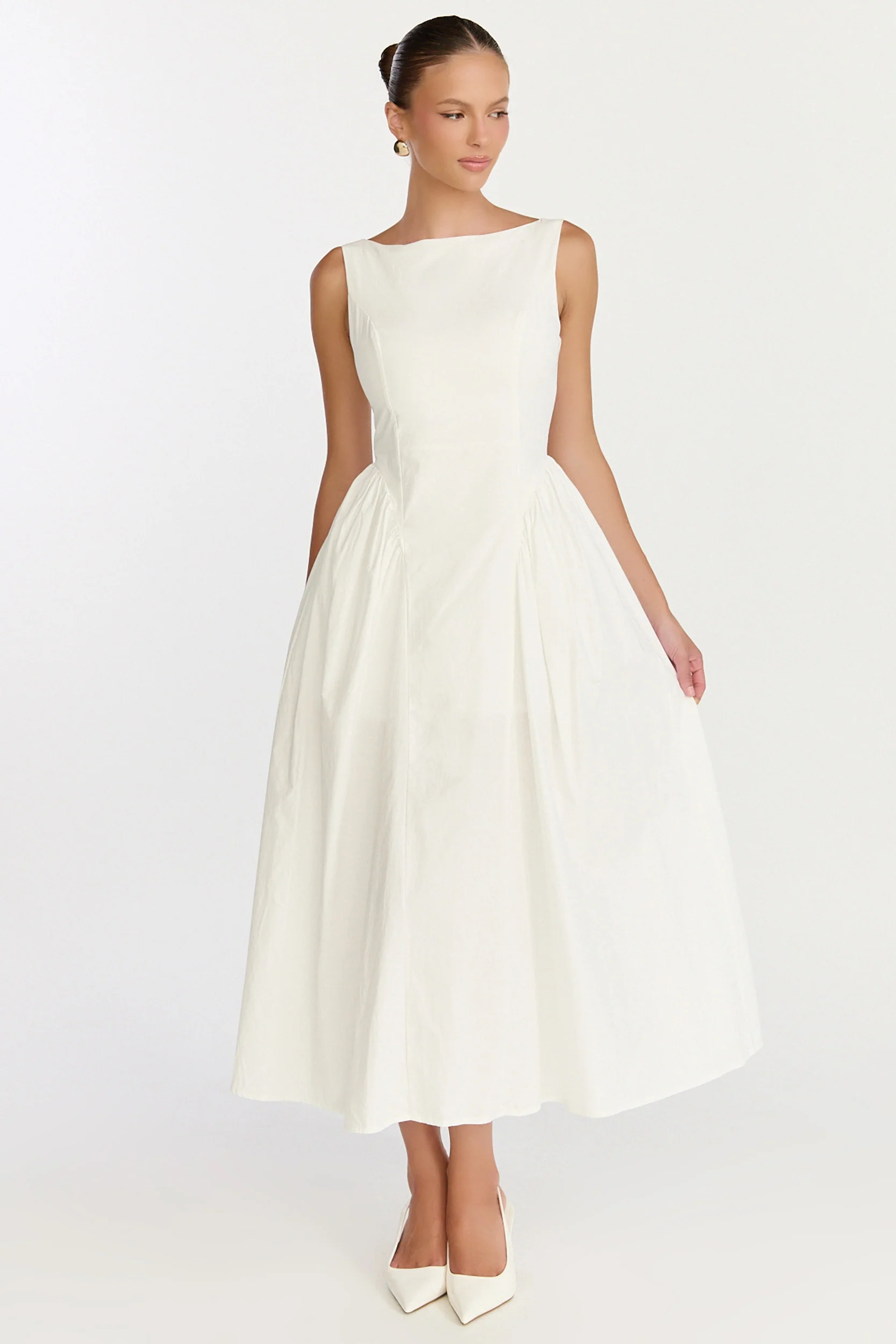 Casina Midi Dress - Boat Neck Tie Back Fit And Flare Dress in Off White