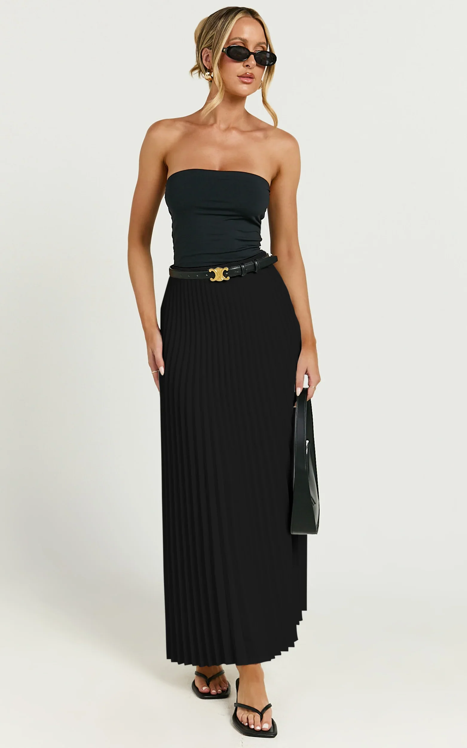 Harlee Midi Skirt - Pleated High Waist A Line Skirt in Black