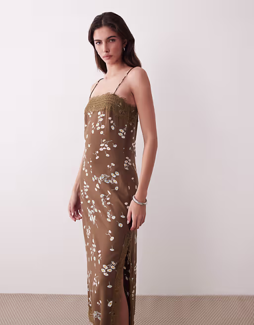 cami maxi slip dress with lace trim in mocha delicate floral