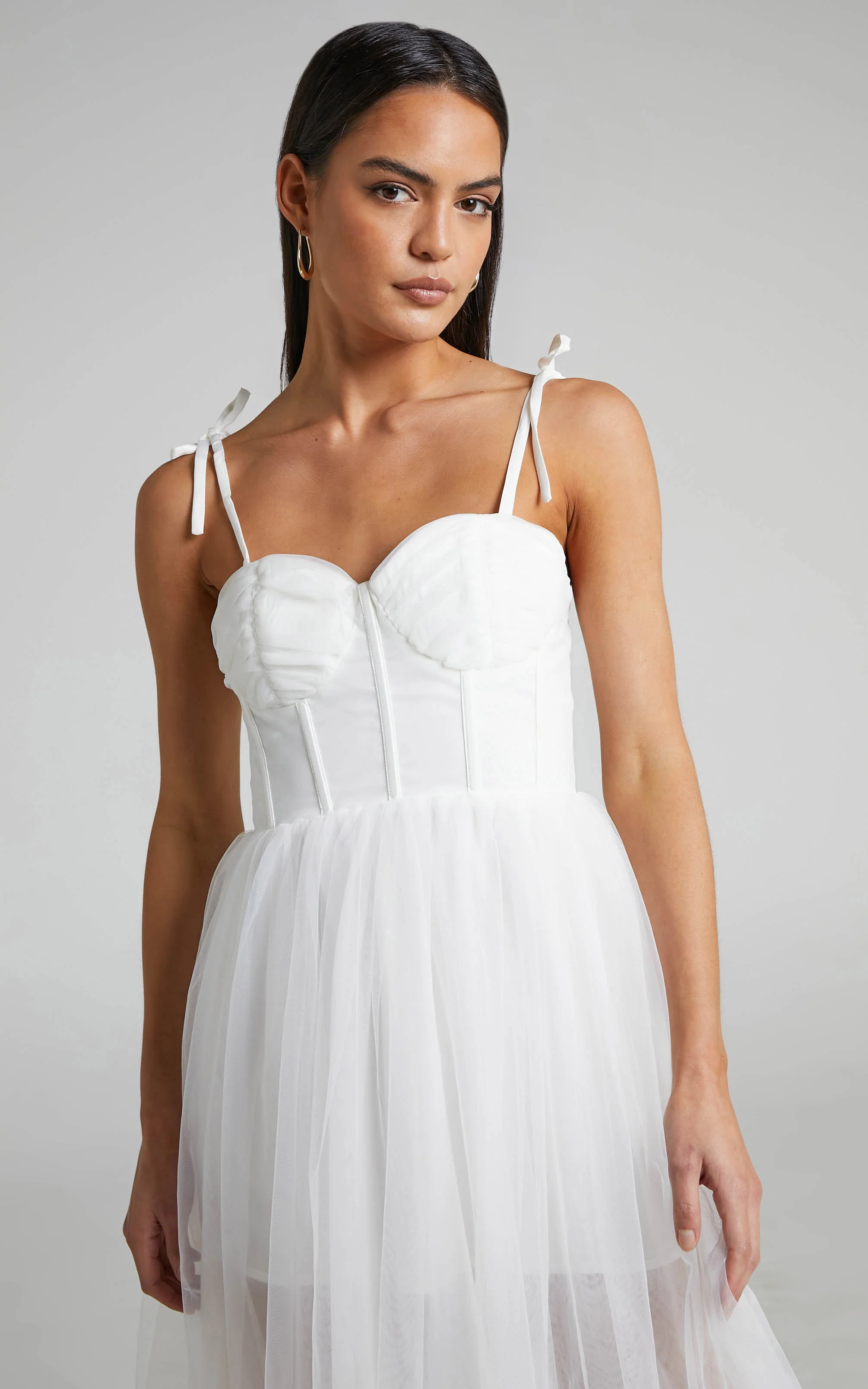Aisha Midi Dress - Bustier Bodice Tulle Dress in White