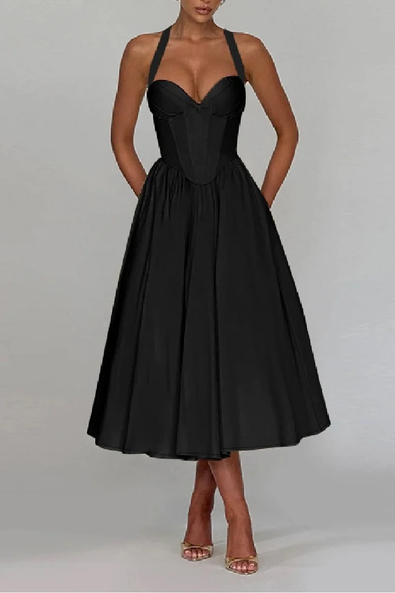 A-Line Tea Length Satin Wedding Guest Dress 973789759252