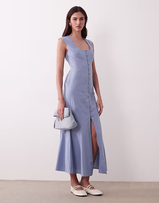square neck button down midi sundress in denim blue