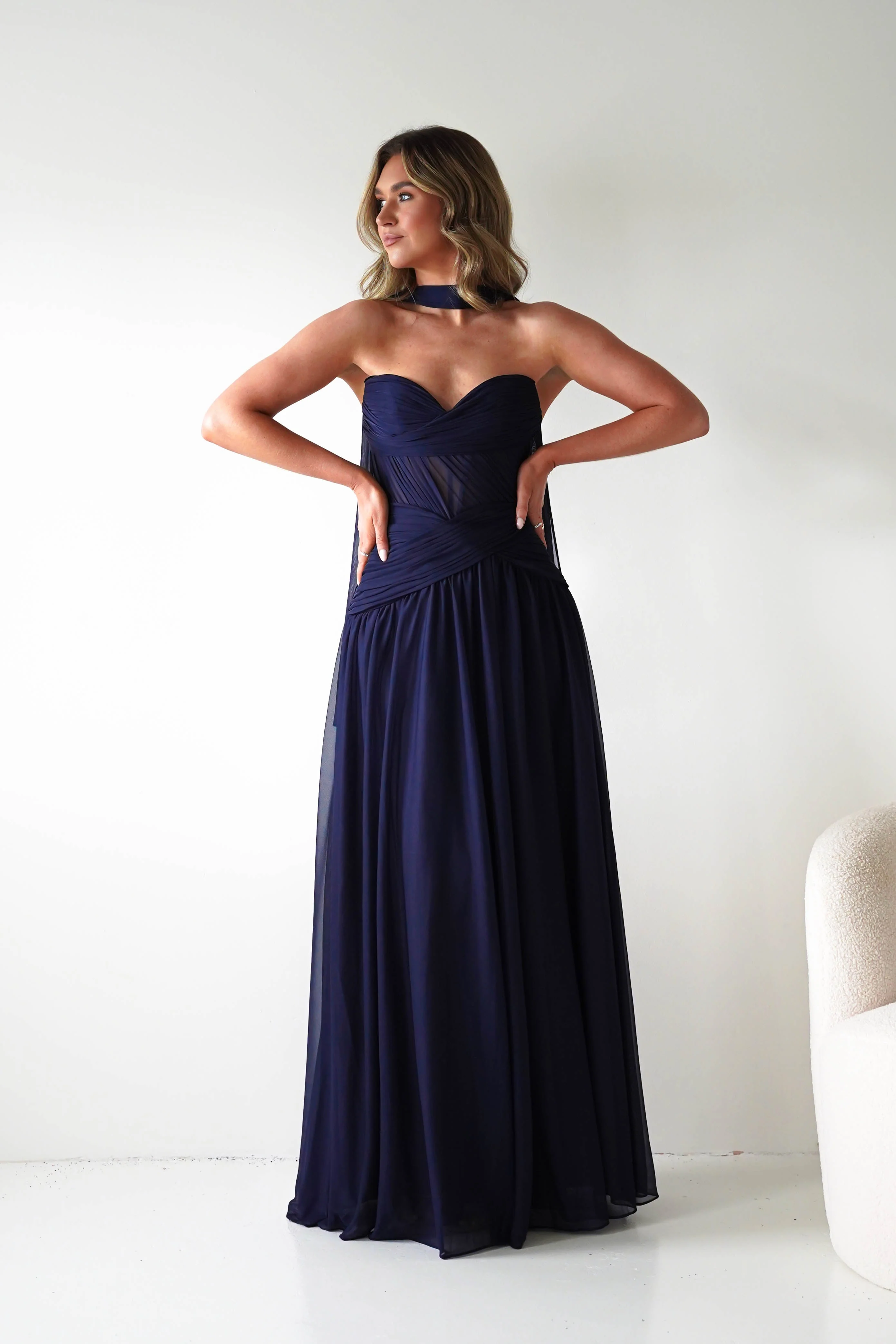 Nicolette Strapless Chiffon Maxi Gown | Navy