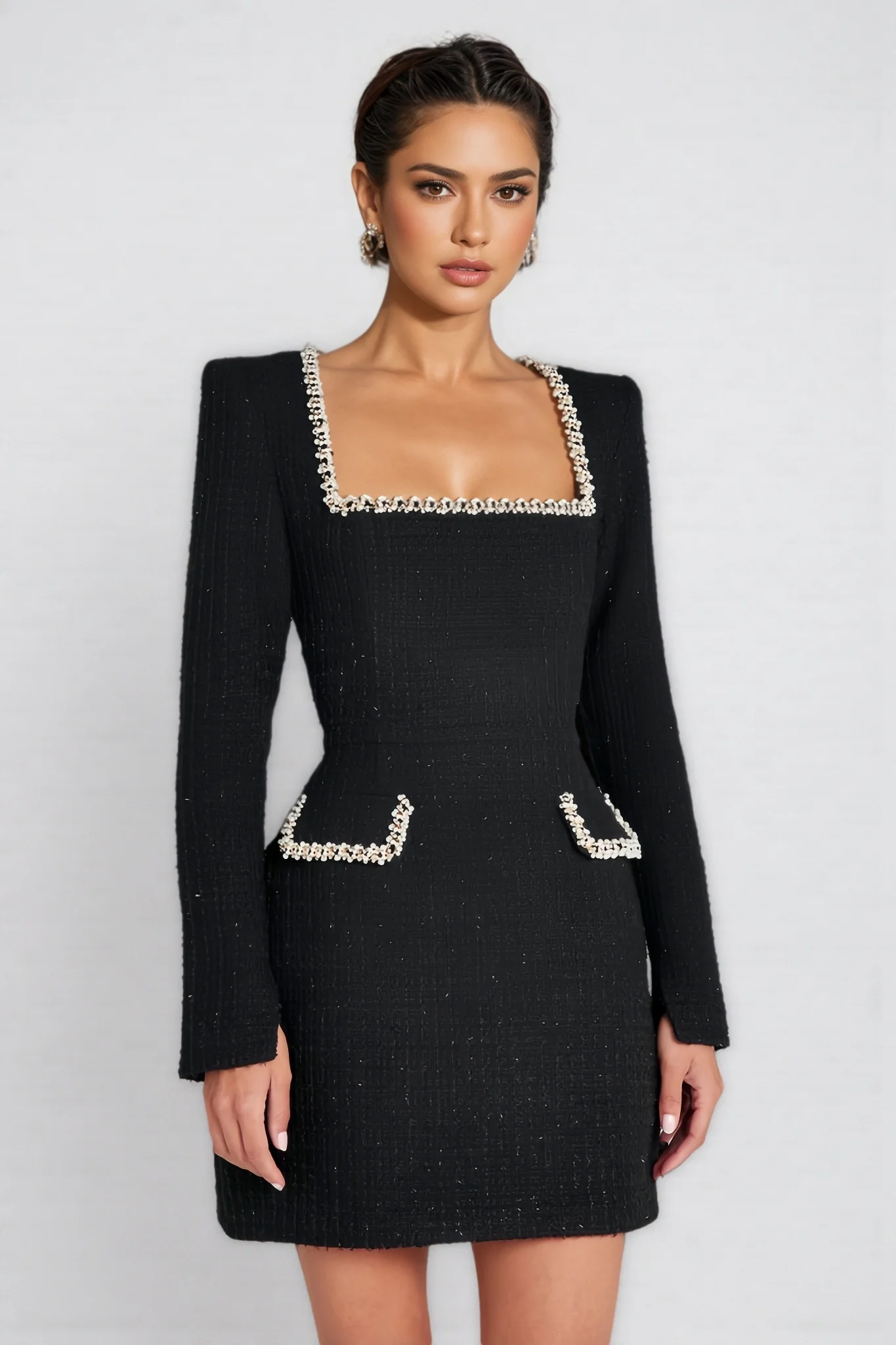 Ilyna U Neck Long Sleeve Mini Dress-Black